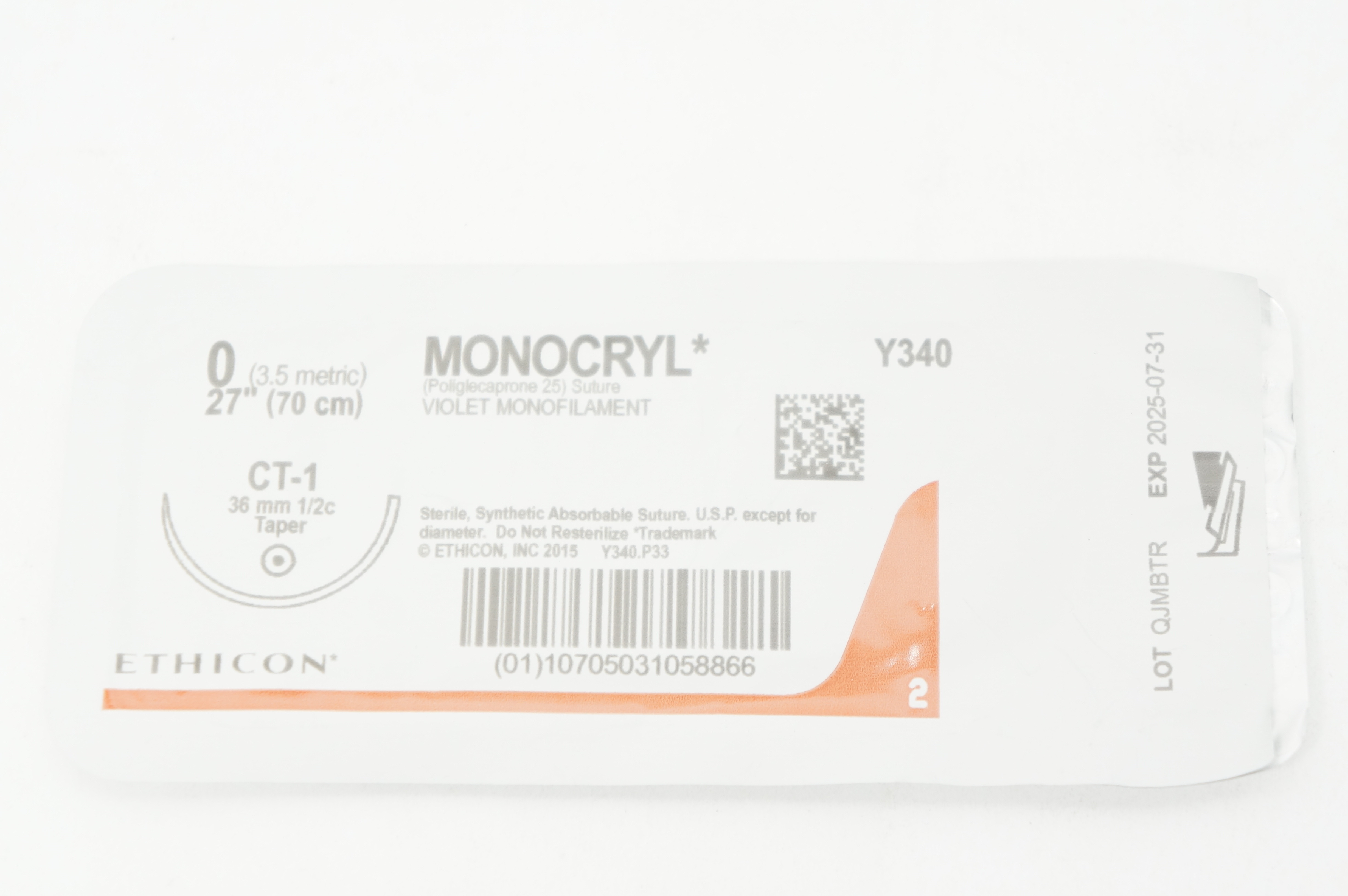 Ethicon Y340 0 MONOCRYL Violet Monofilament Stre CT-1 36mm 1/2c Taper, 27inch