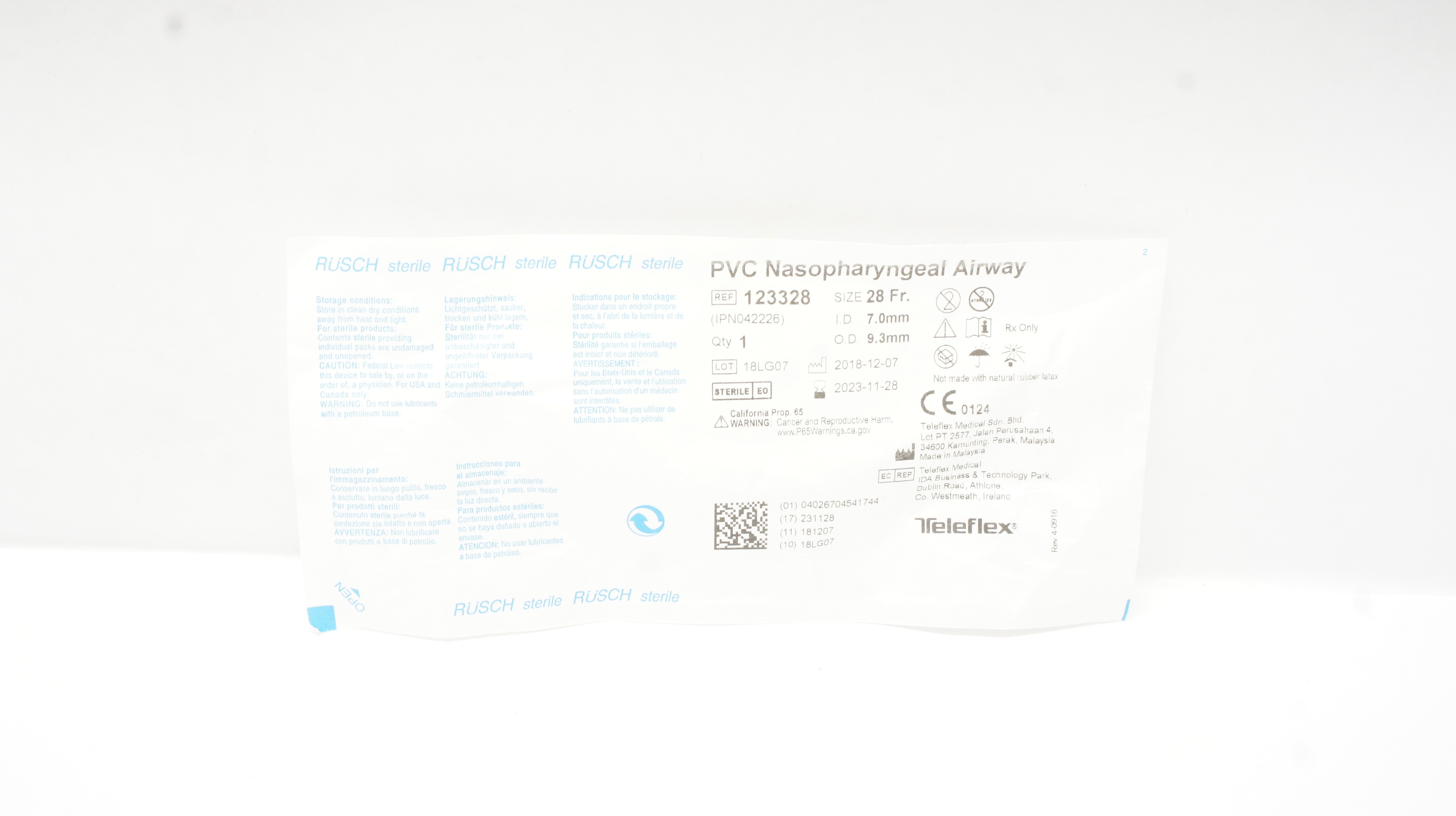 Teleflex 123328 Rusch Soft PVC Nasopharyngeal Airway 28Fr x 9.3mmID x 7.0mmOD(x)