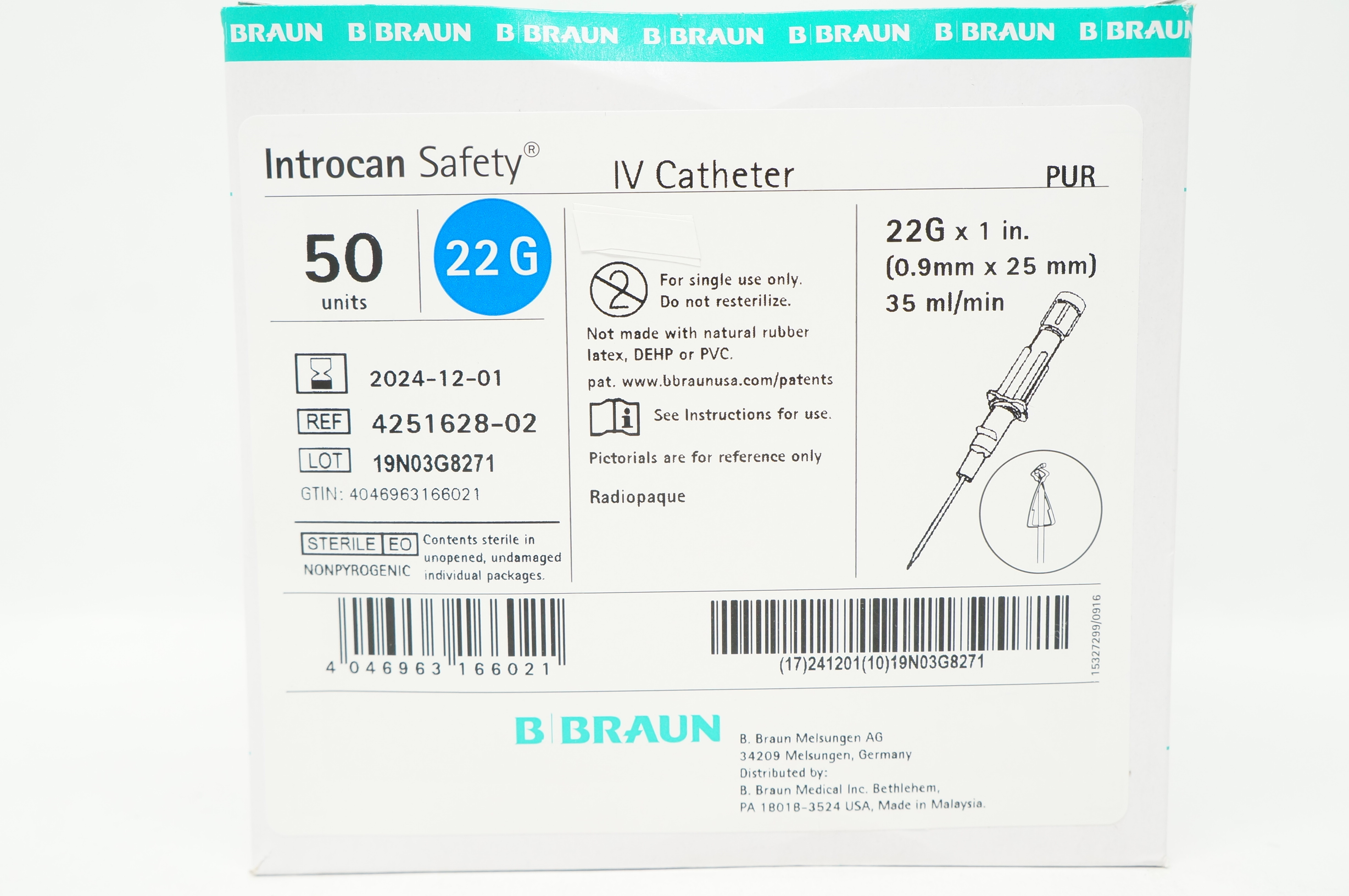 Braun 4251628-02 Introcan Safety IV Cath. 22G x 1inch 35ml/min - Box of 50
