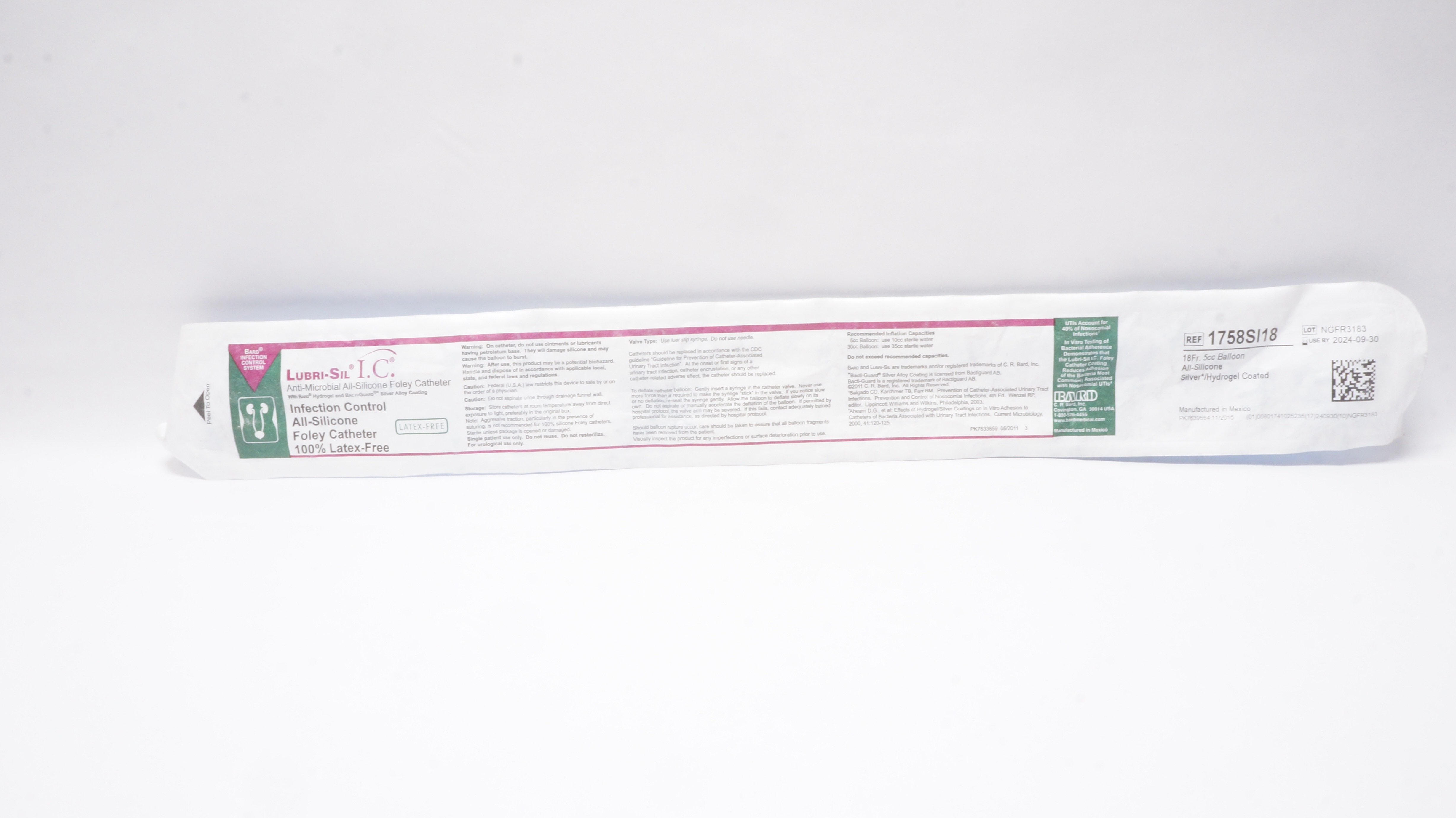 Bard 1758SI18 Lubri-Sil I.C. Anti-Microbial All-Silicone Foley Cath. 18Fr