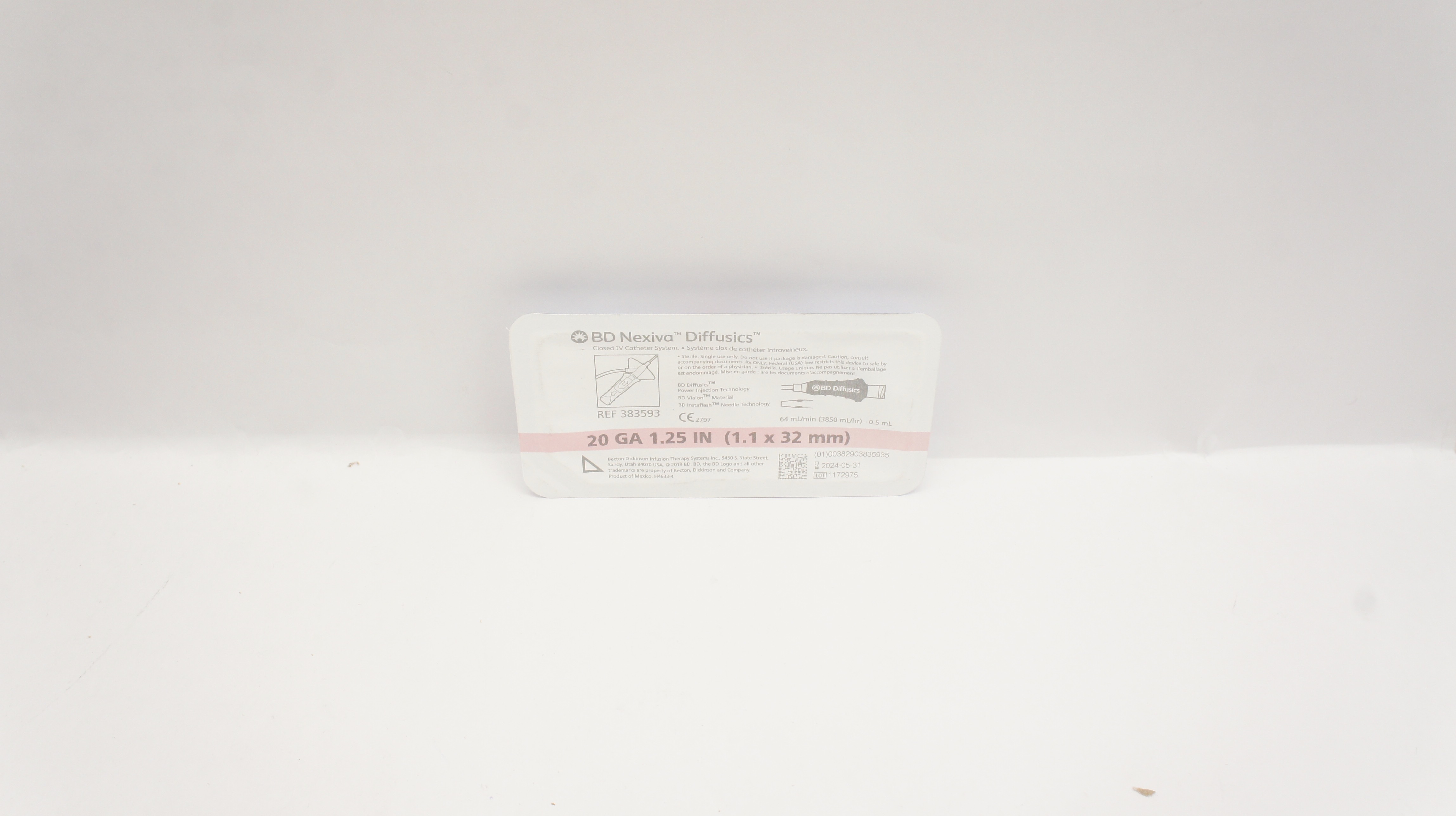 BD 383593 Nexiva Diffusics Closed IV Cath. System 20GA x 1.25inch 64mL/min