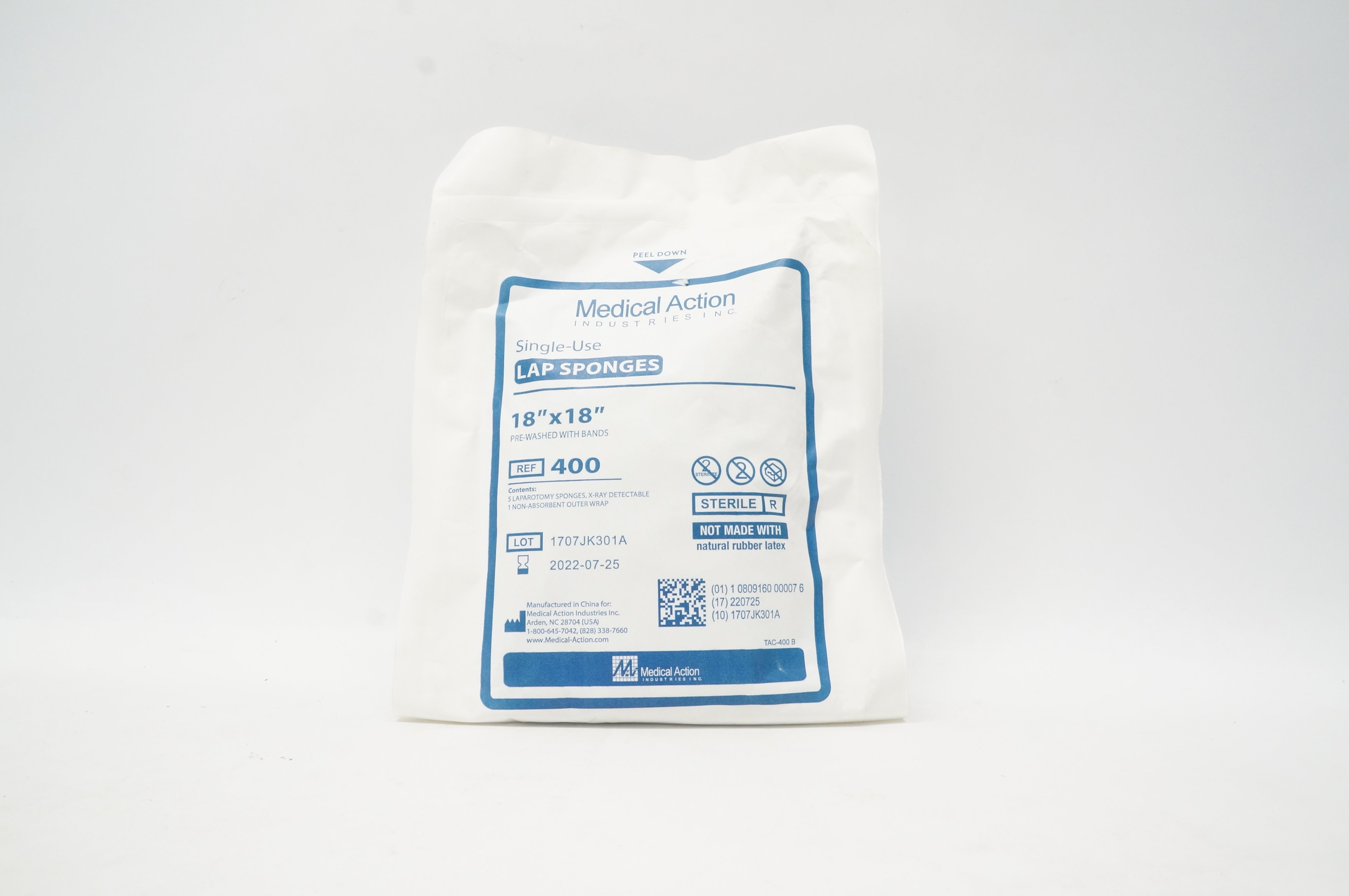 Medical Action 400 Single-Use Lap Sponges Pre-Washed W/Bands 18inch x 18inch