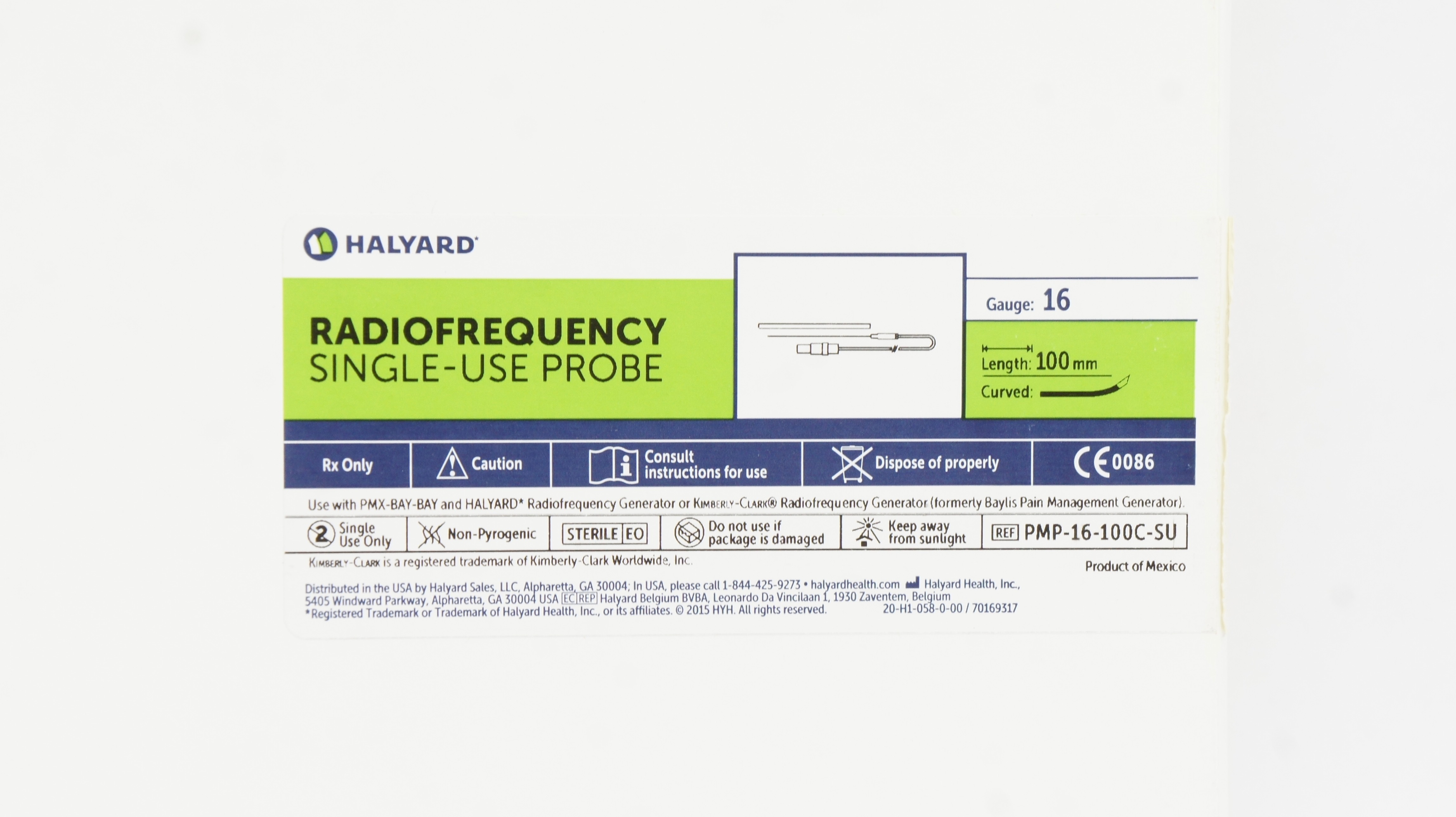 Halyard PMP-16-100C-SU Radiofrequency Single-Use Probe 16Ga x 100mm