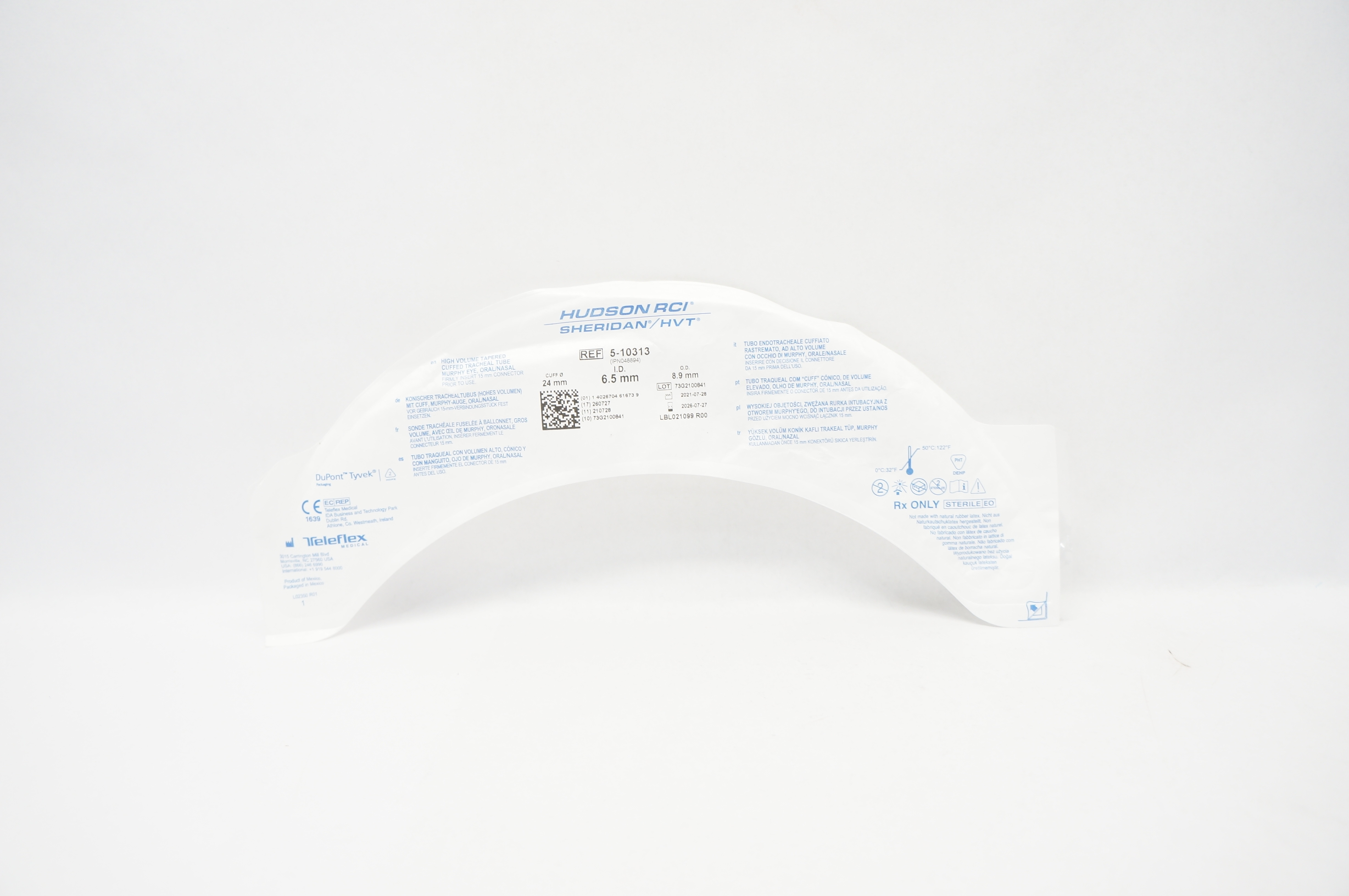 Teleflex 5-10313 Hudson RCI Sheridan HVT Cuffed Tracheal Tube 6.5 x 8.9 x 24mm