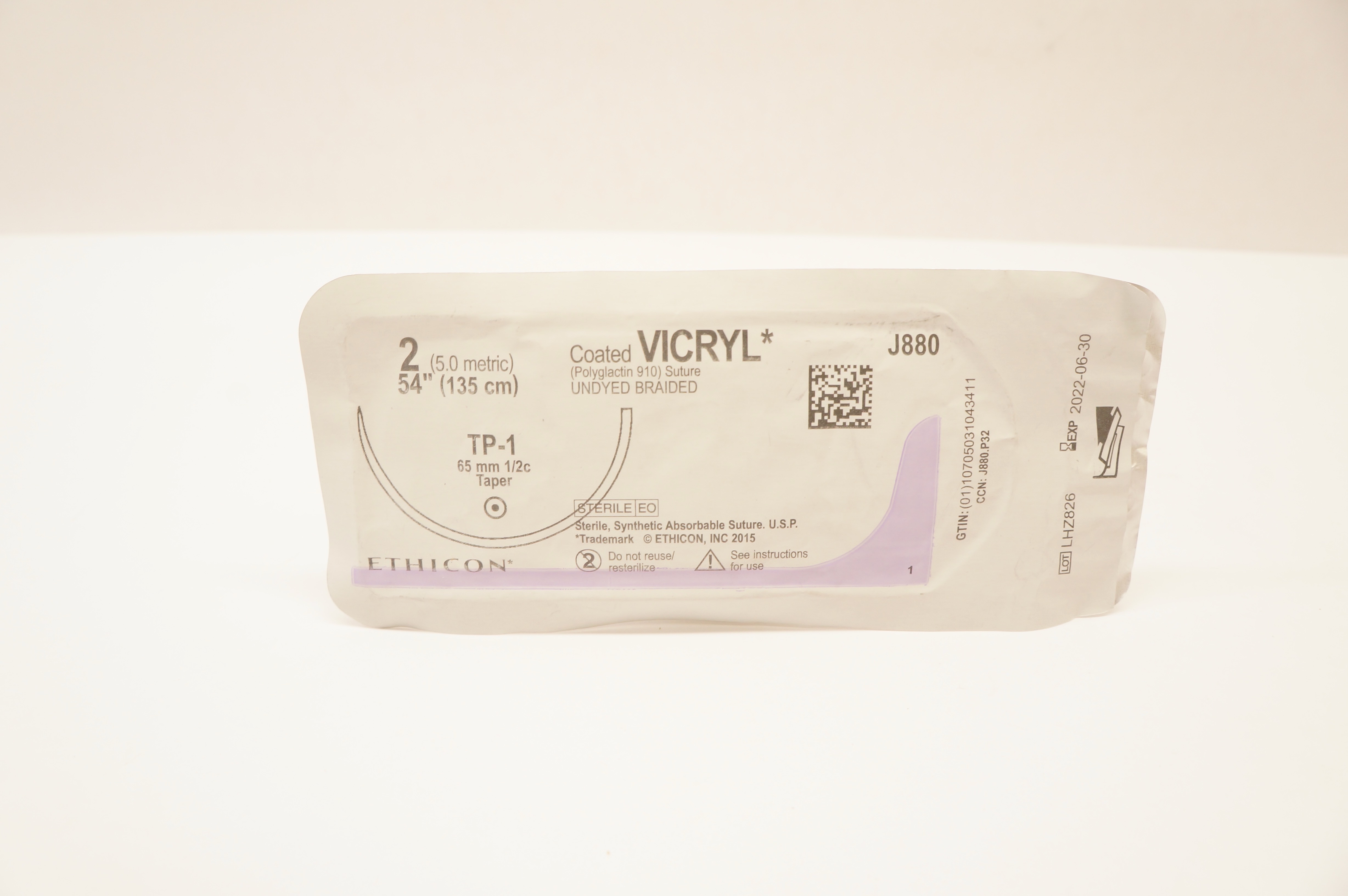 Ethicon J880 2 Coated Vicryl Stre Undyed Braided TP-1 65mm 1/2c Taper 54 inch(x)