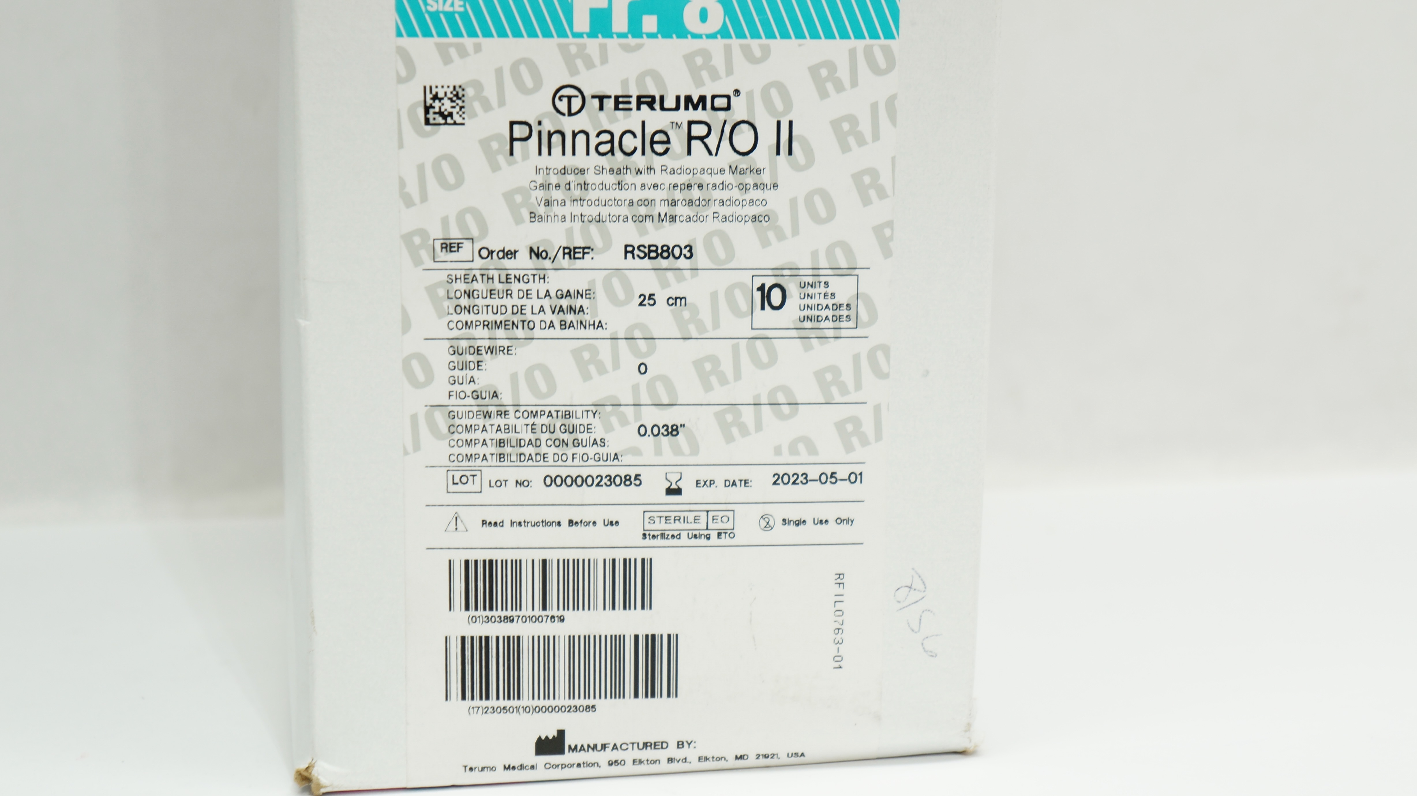 Terumo RSB803 Pinnacle R/O II Introducer Sheath 8 Fr x 25 cm (x) - Box of 9