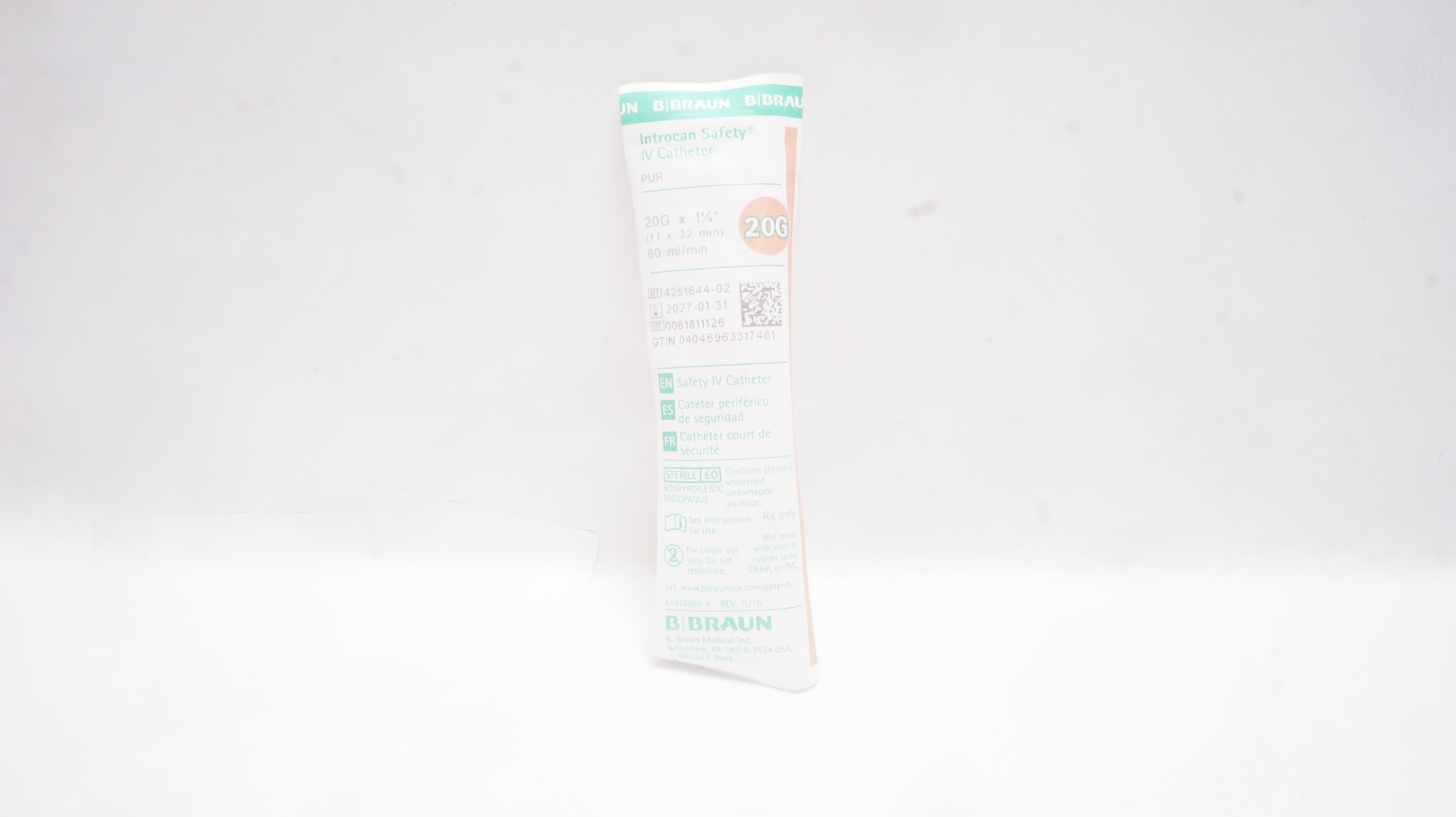 Braun 4251644-02 Introcan Safety IV Cath. 20G x 1-1/4inch 60mL/min