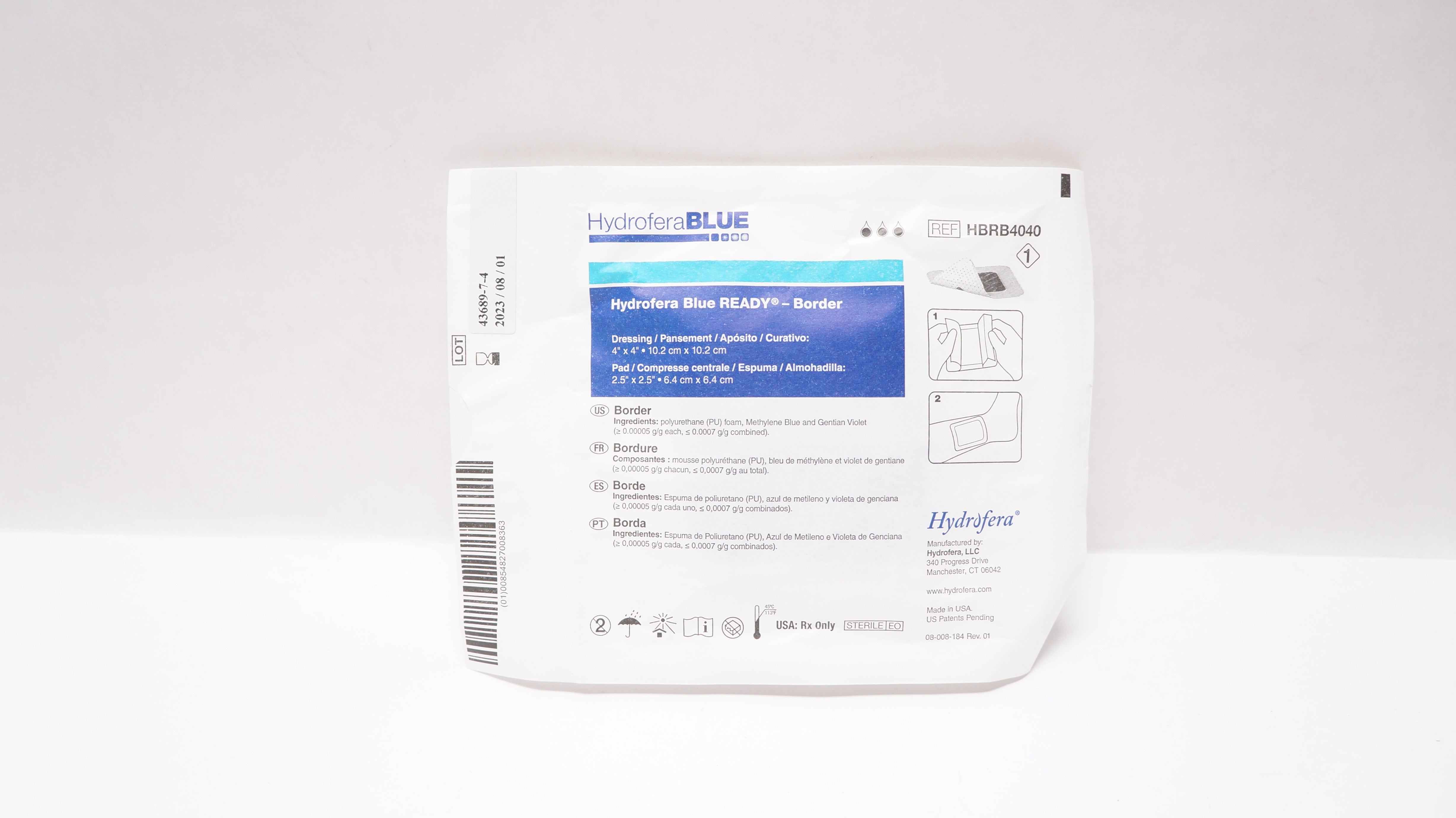 Hydrofera HBRB4040 Blue Ready - Border 4 x 4inch, 2.5 x 2.5inch (x) - Box of 10
