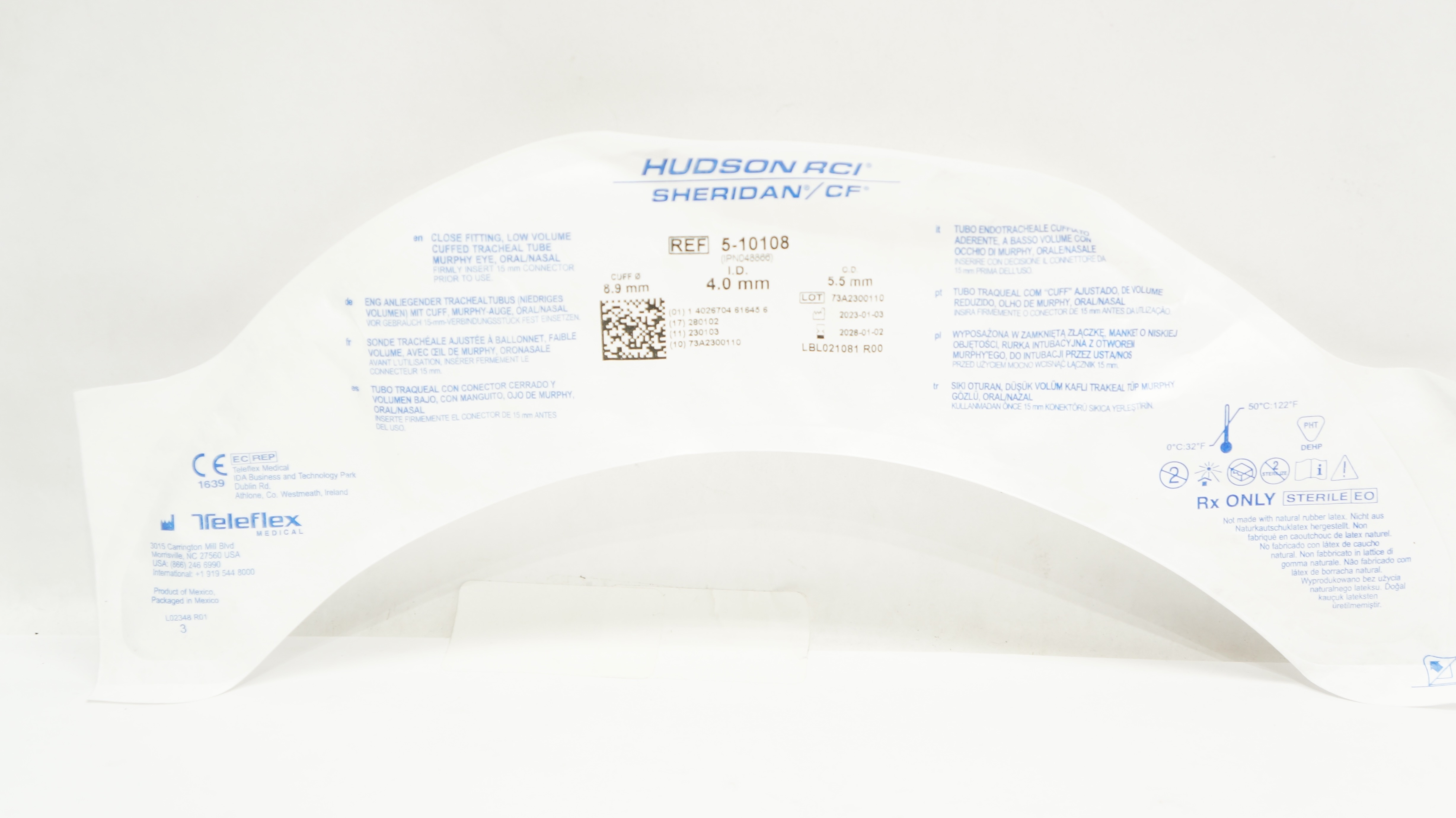 Teleflex 5-10108 Hudson RCI Sheridan CF Tracheal Tube 8.9mm x 4.0mm