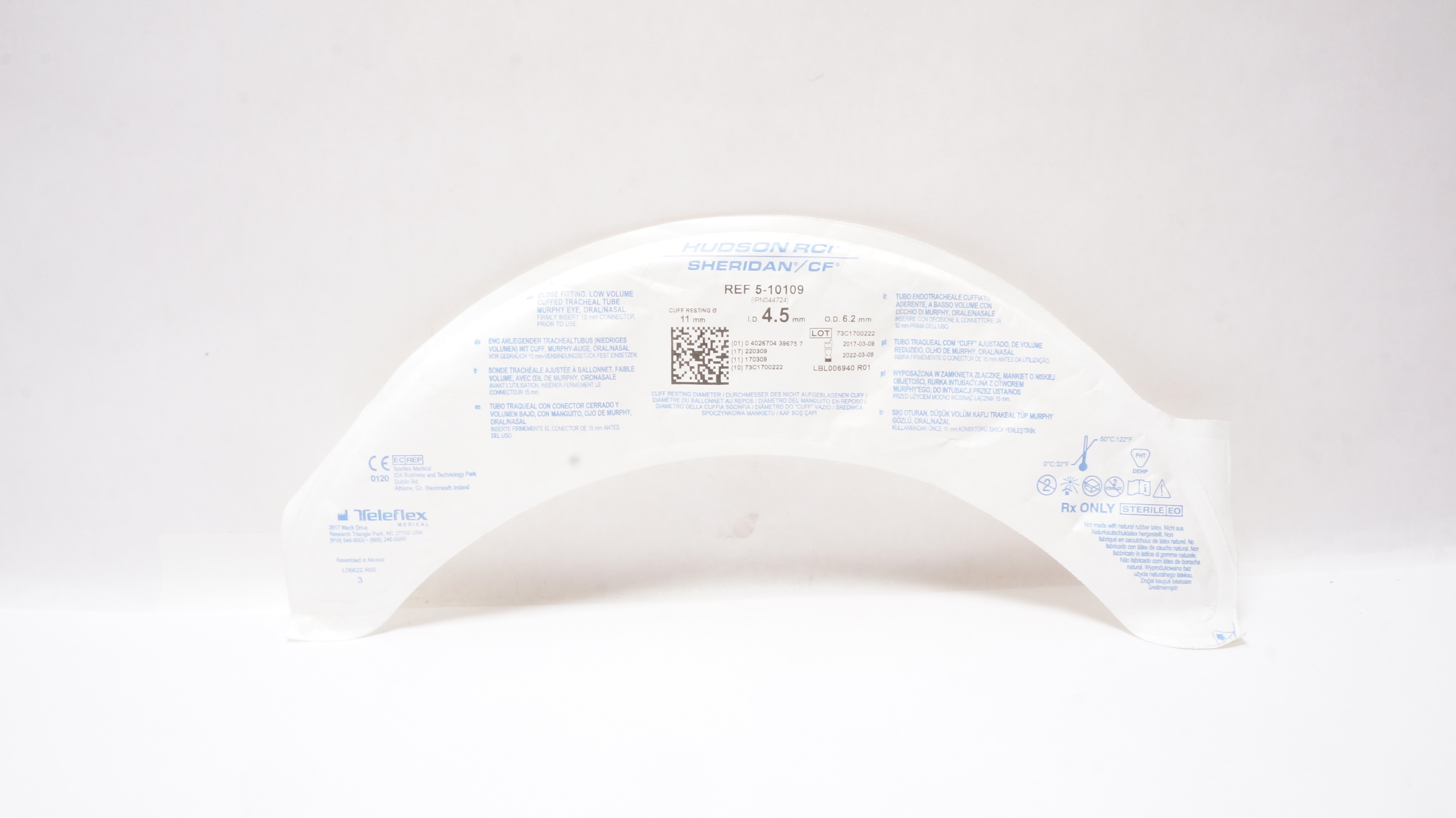 Teleflex 5-10109 Hudson RCI Cuffed Tracheal Tube 4.5ID x 6.2OD x 11mm(x)
