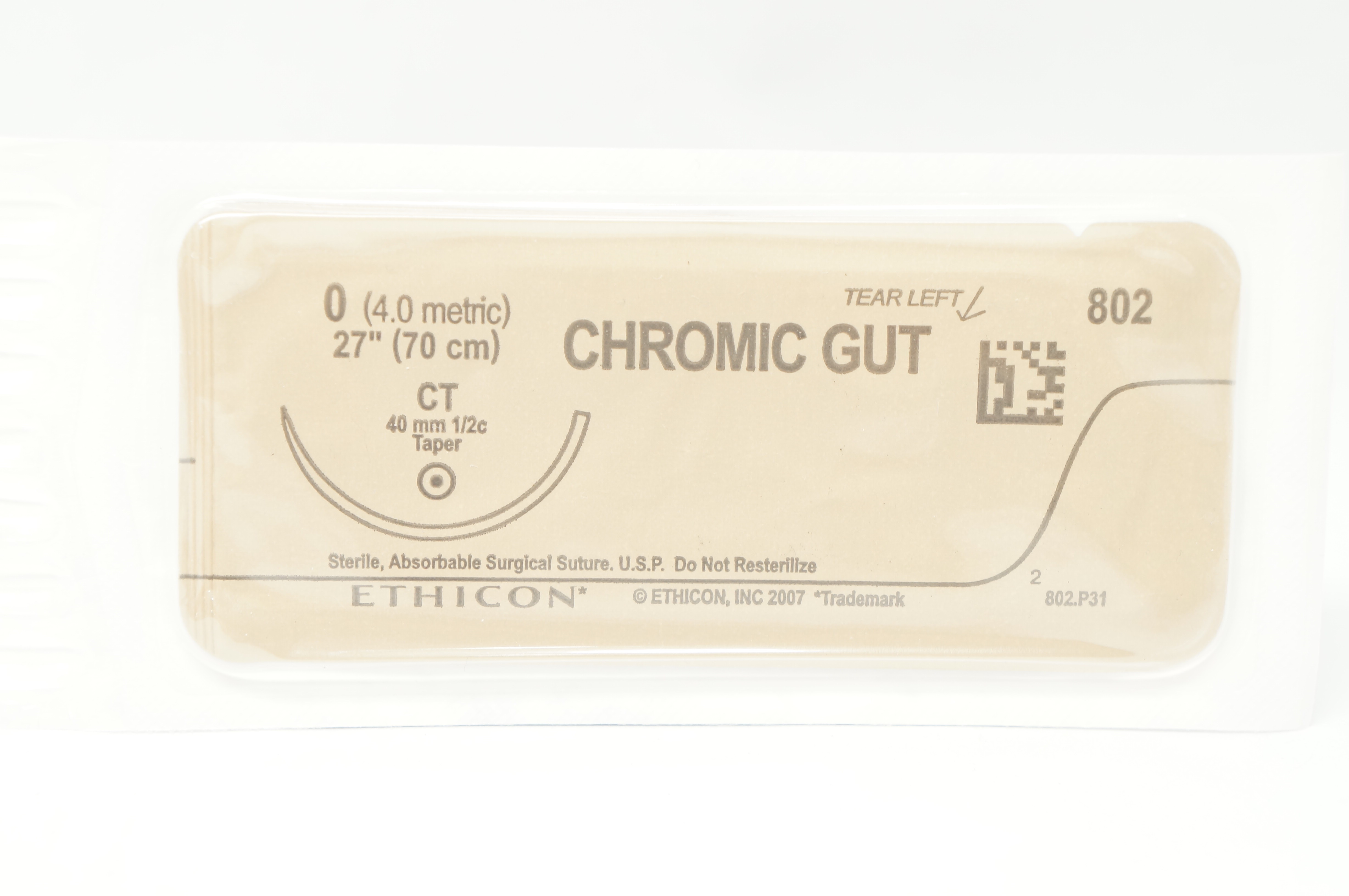 Ethicon 802 0 CHROMIC GUT CT 40mm 1/2c Taper 27inch