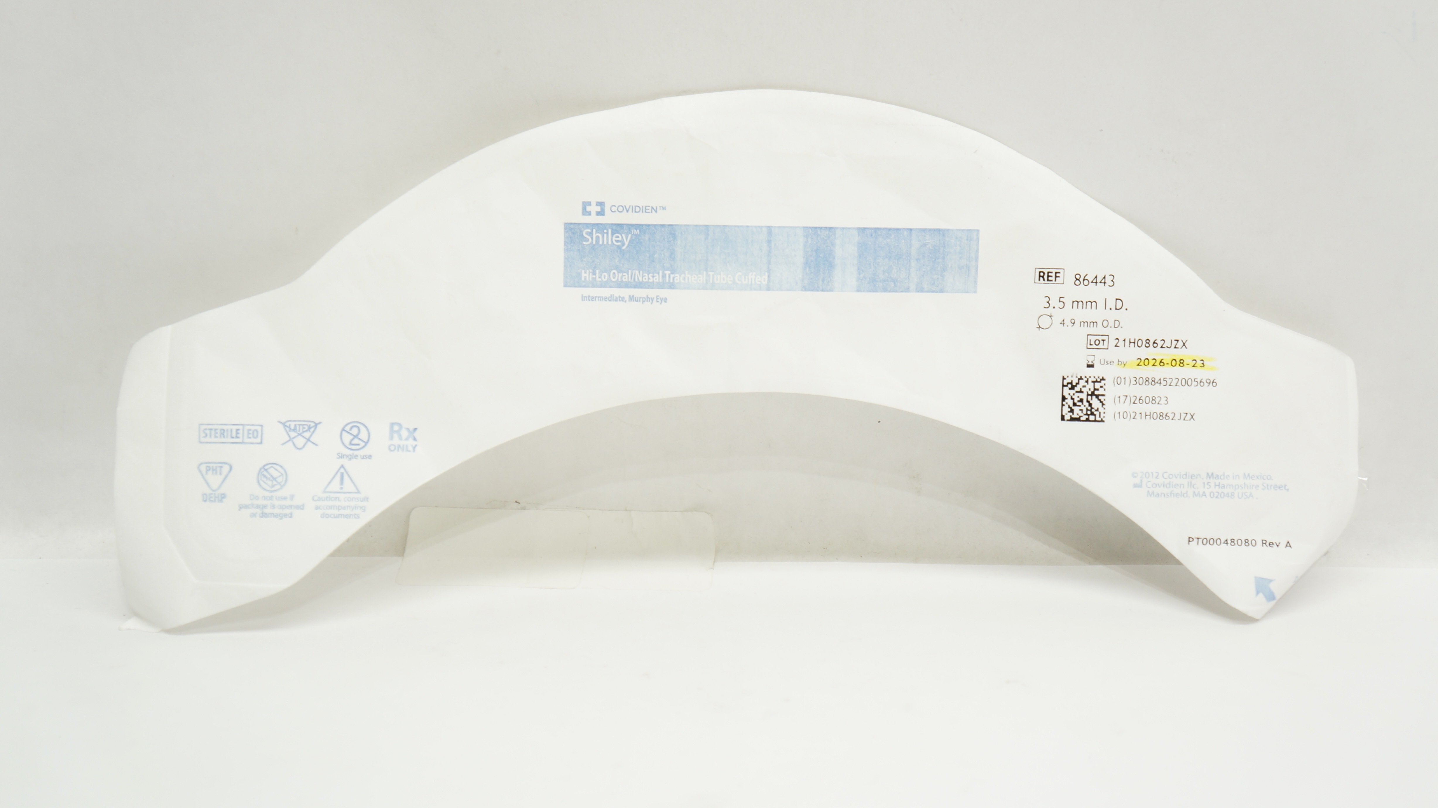 Covidien 86443 Shiley Hi-Lo Oral/Nasal Tracheal Tube Cuffed 3.5ID x 4.9mmOD