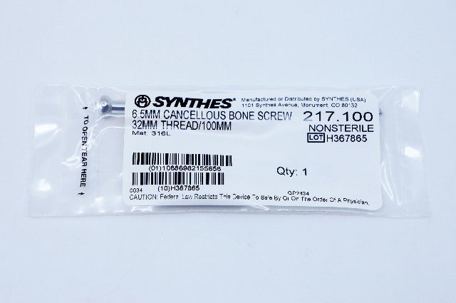 Synthes 217.100 6.5mm Cancellous Bone Screw 32mm Thread/100mm