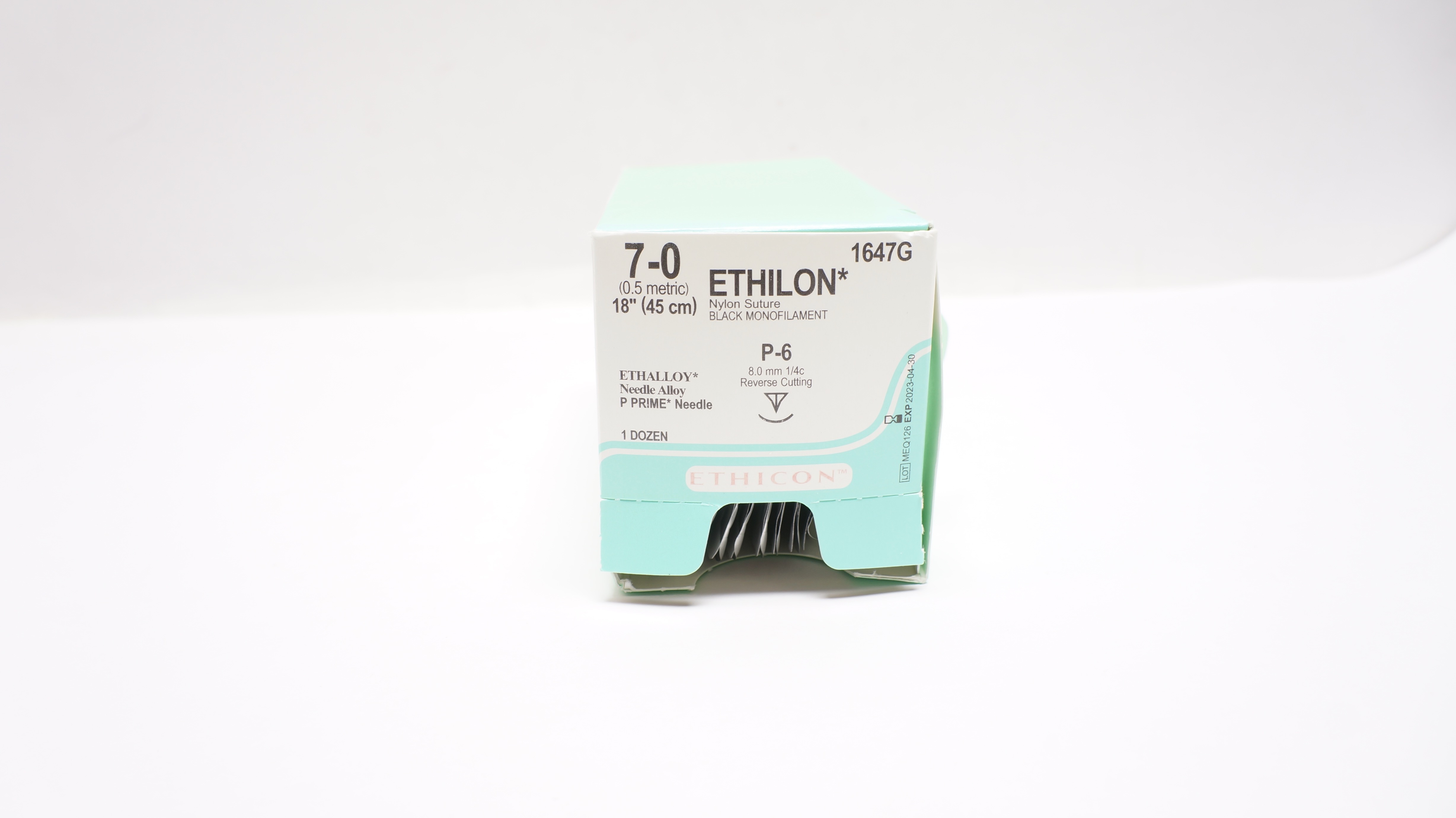 Ethicon 1647G 7-0 ETHILON Nylon P-6 8.0mm 1/4c Reverse Cutting 18in(x)-Box of 12