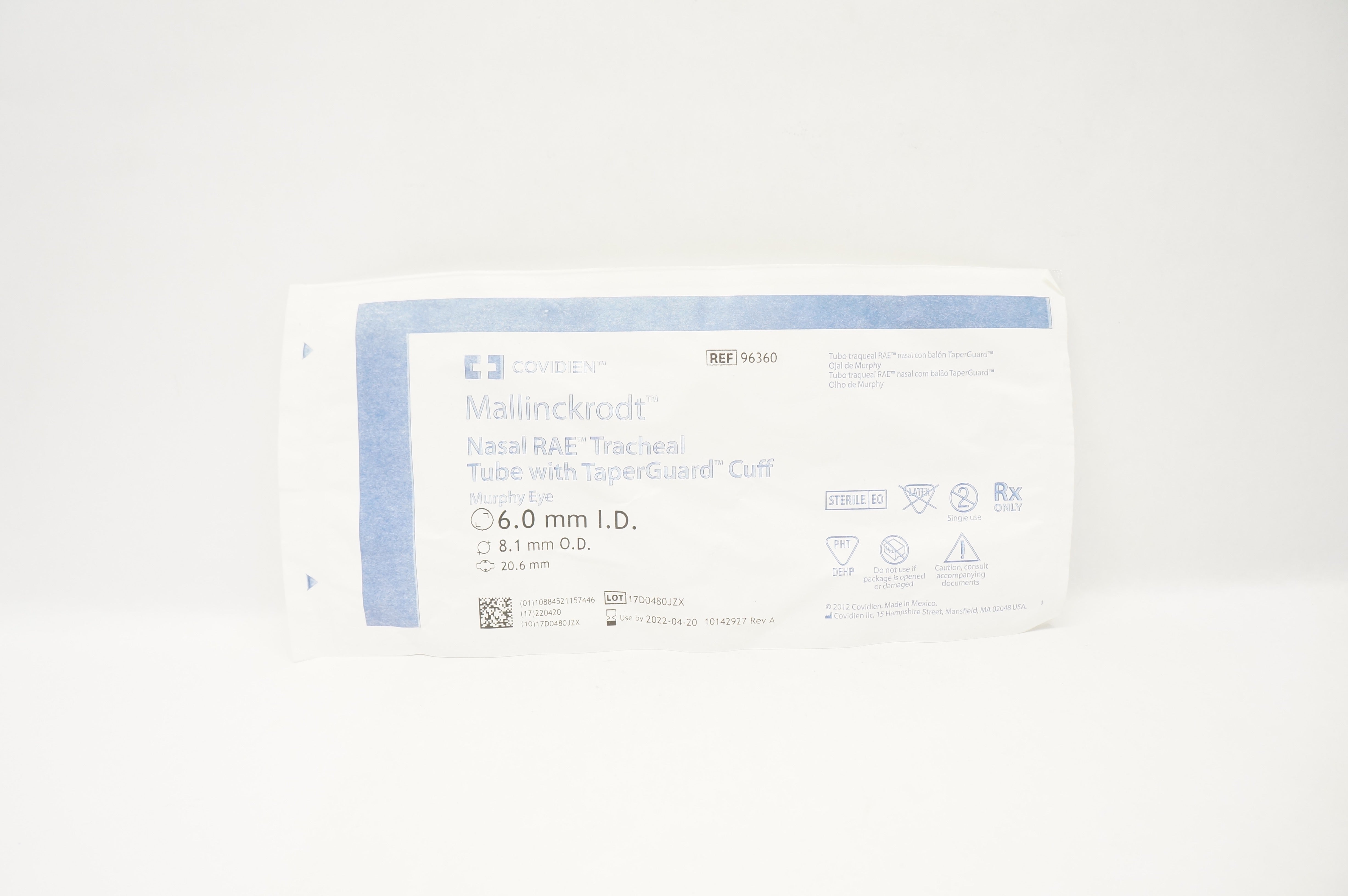 Covidien 96360 Nasal RAE Tracheal Tube,TaperGuard Cuff 6.0mm ID, 8.1mm OD (x)