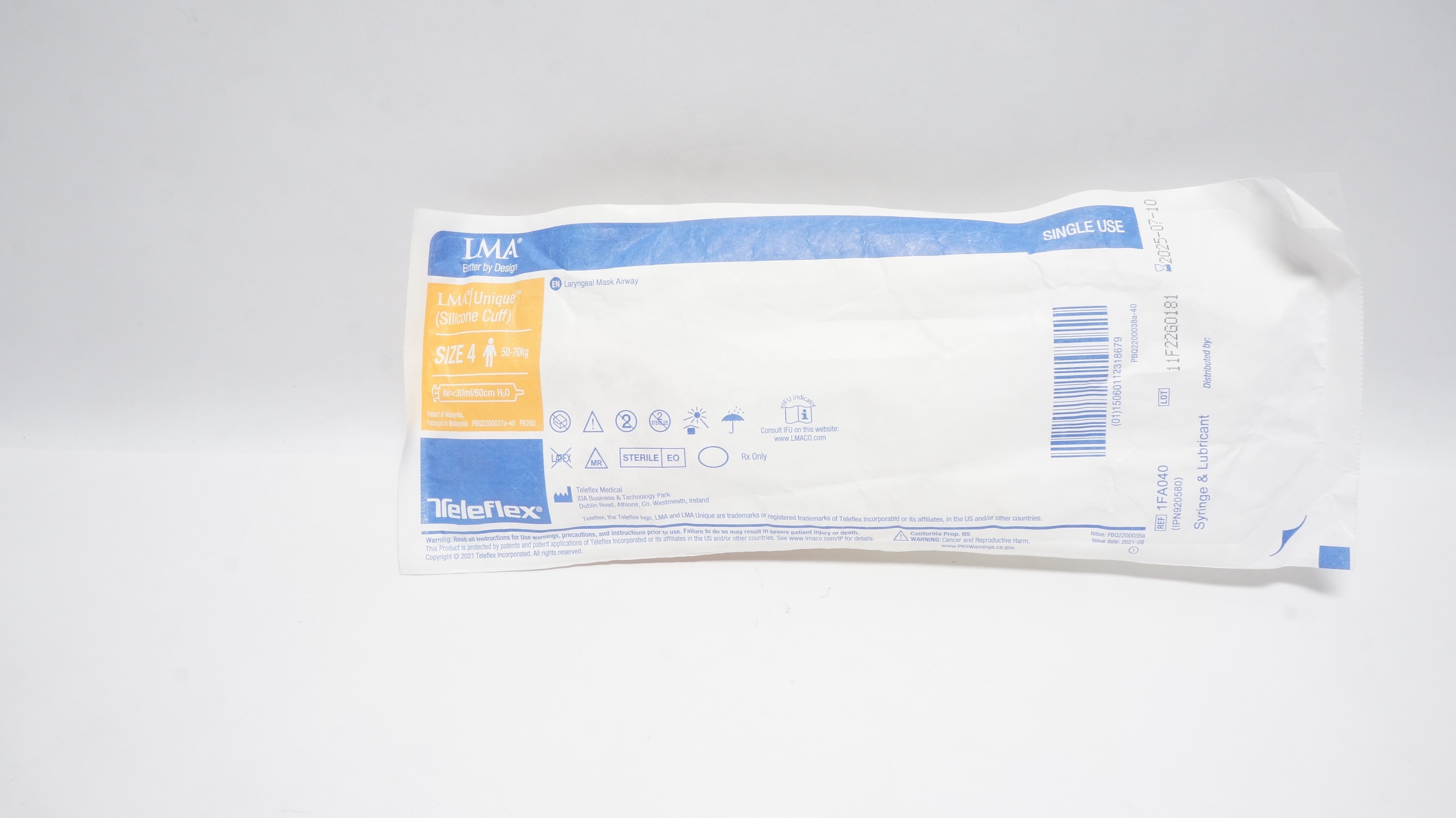 Teleflex 1FA040 LMA Laryngeal Mask Airway Size 4 50-40kg Air <30ml/60cm H2O (x)
