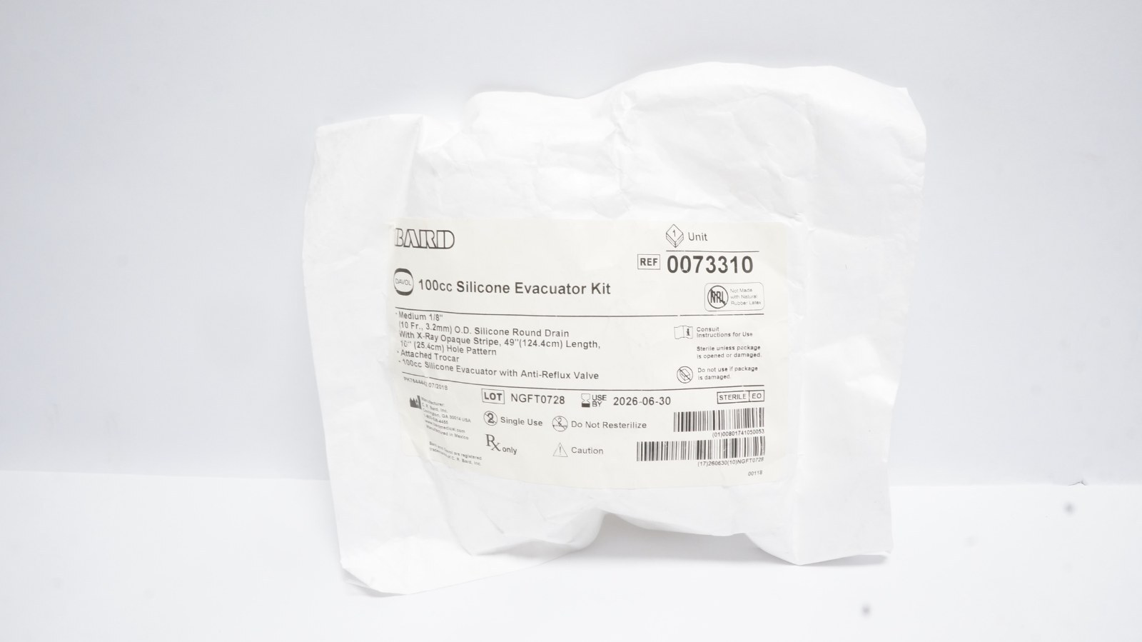 Bard 0073310 100cc Silicone Evacuator Kit 10 Fr 3.2mm