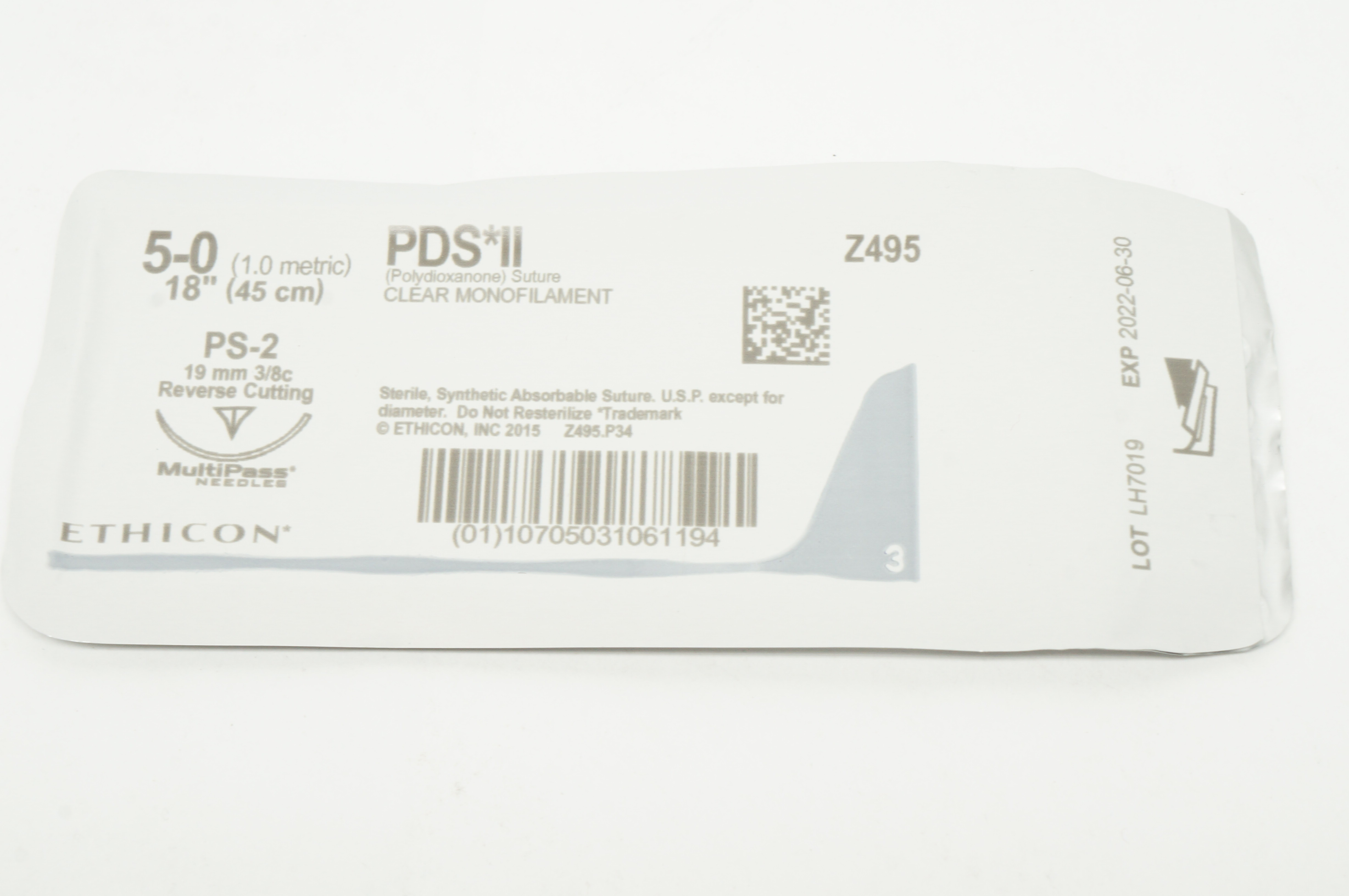 Ethicon Z495 5-0 PDS II PS-2 19mm 3/8c Reverse Cutting 18inch