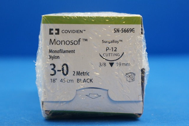 Covidien SN-5669G Monosof 3-0, Monofilament Nylon, P-12 Cutting, 18" - Box of 12