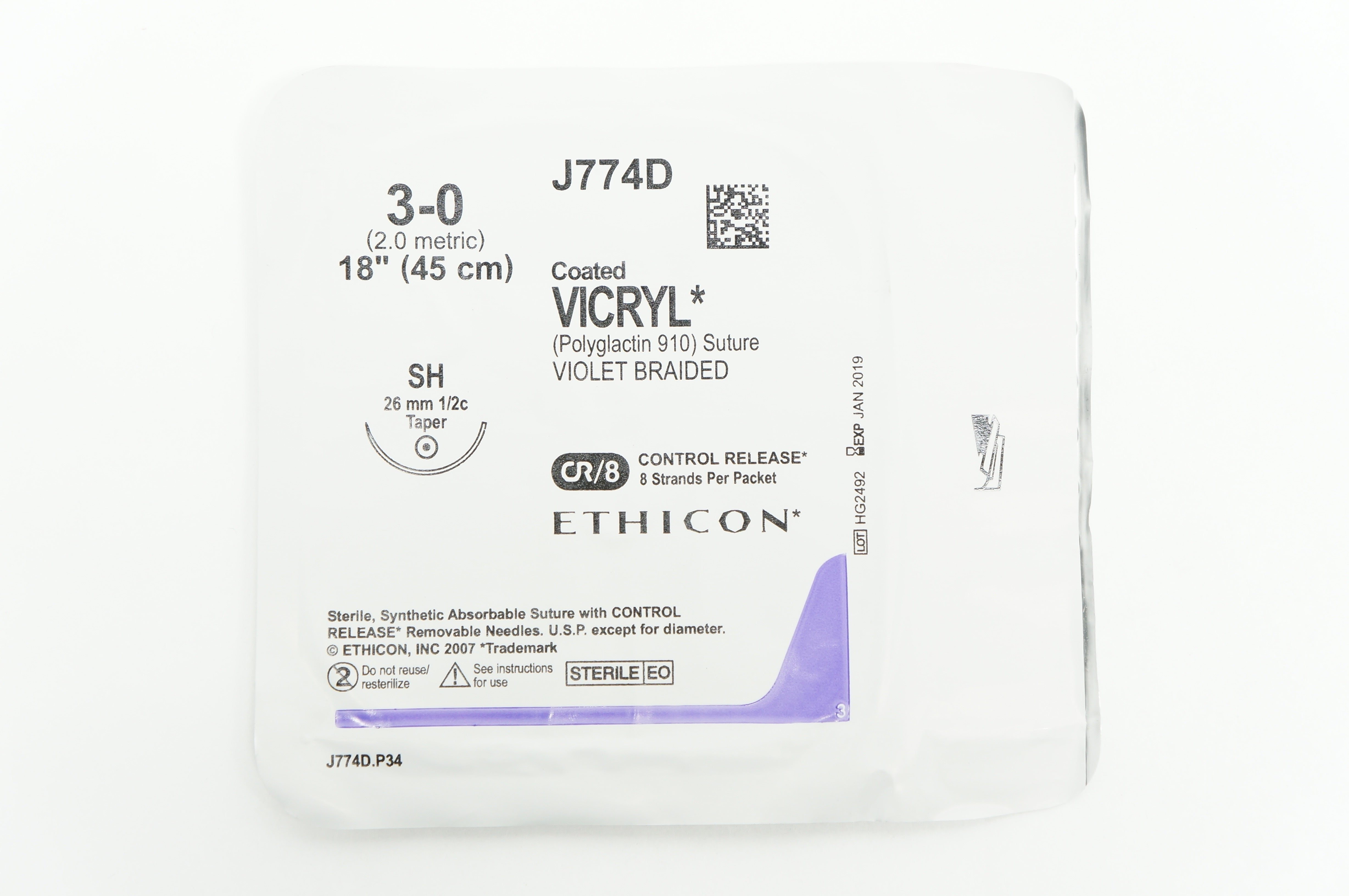 Ethicon J774D 3-0 Coated VICRYL SH 26mm 1/2c Taper 18in (x)
