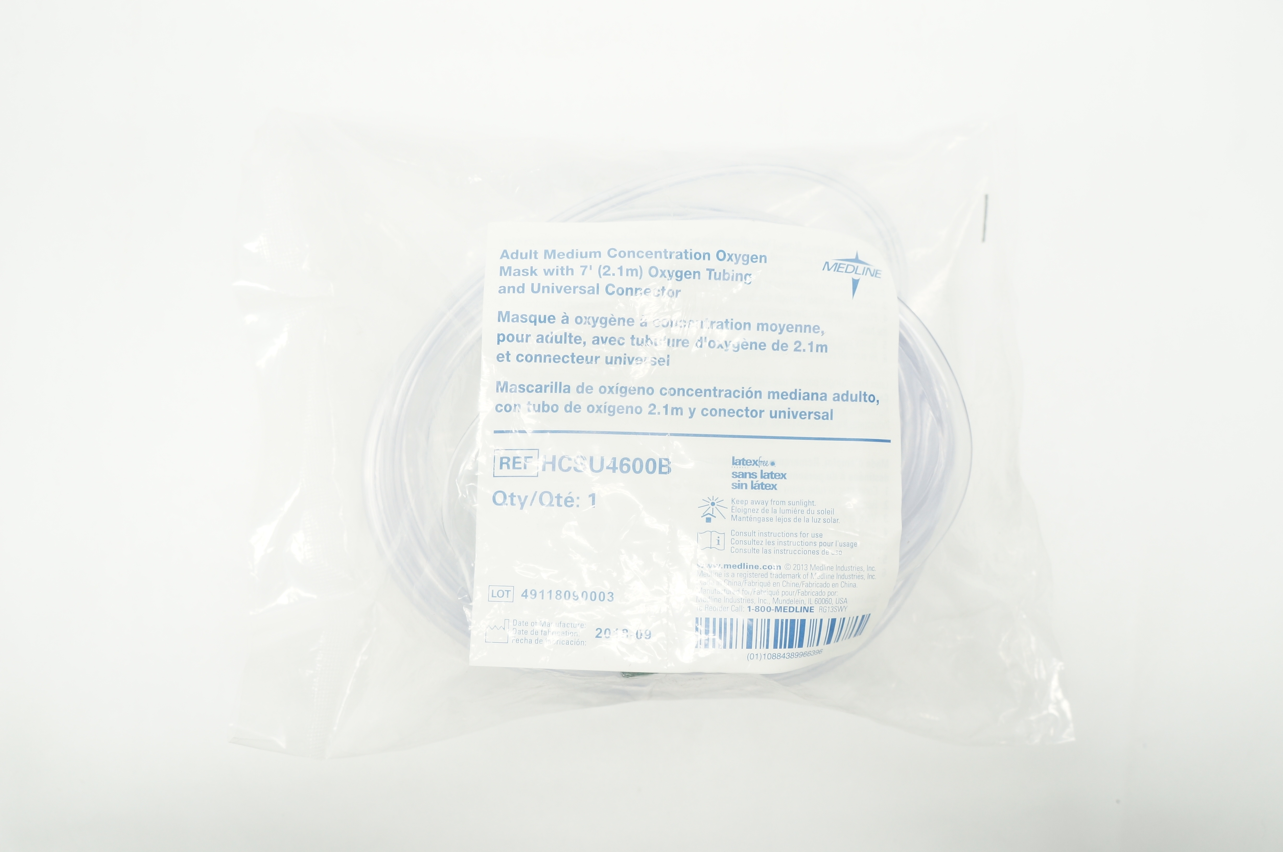 Medline HCSU4600B Adult Medium Concentration Oxygen Mask W/ Oxygen Tubing 7F