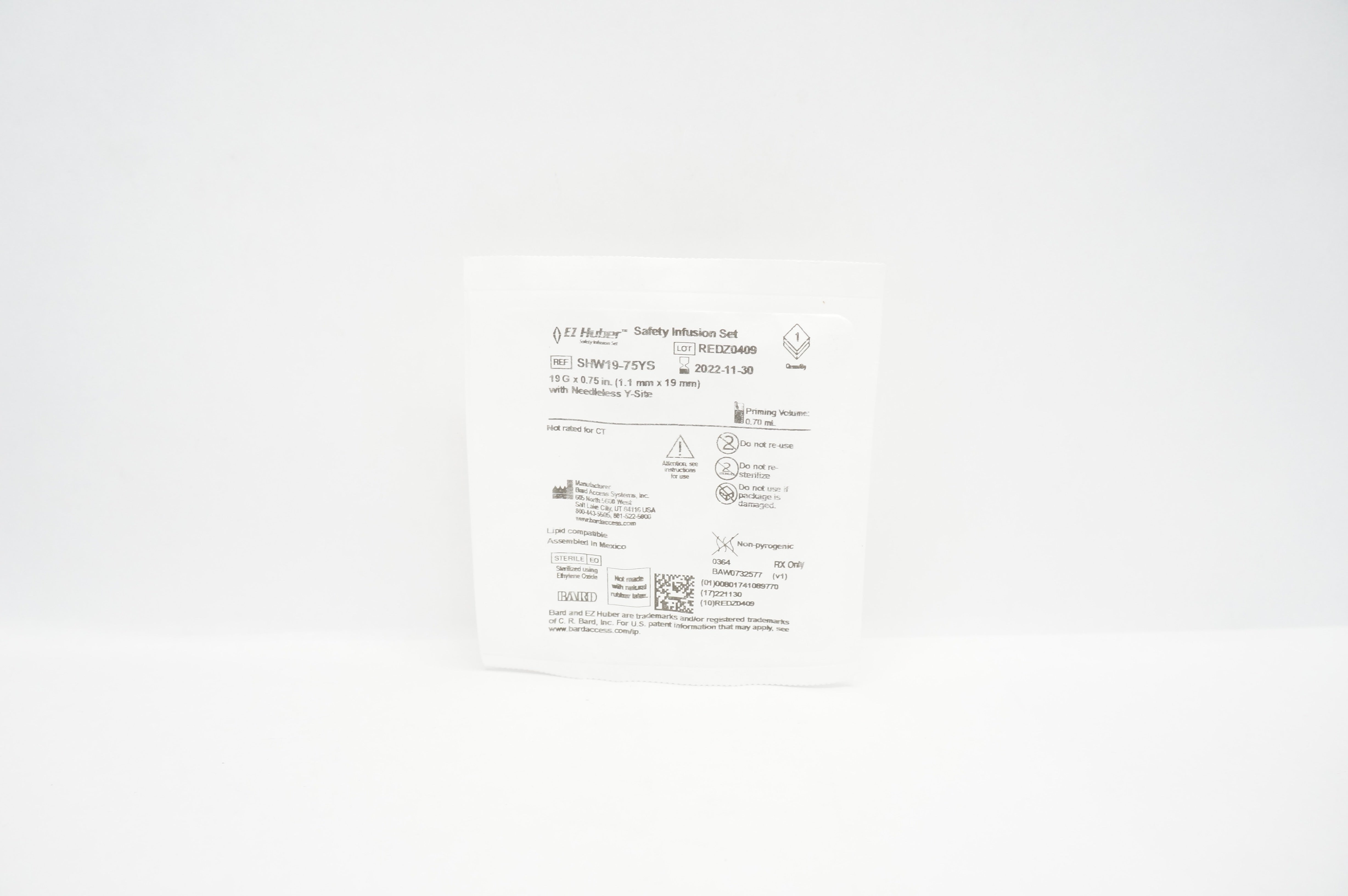 Bard SHW19-75YS EZ Huber Safety Infusion Set 19G x 0.75inch, 0.70mL