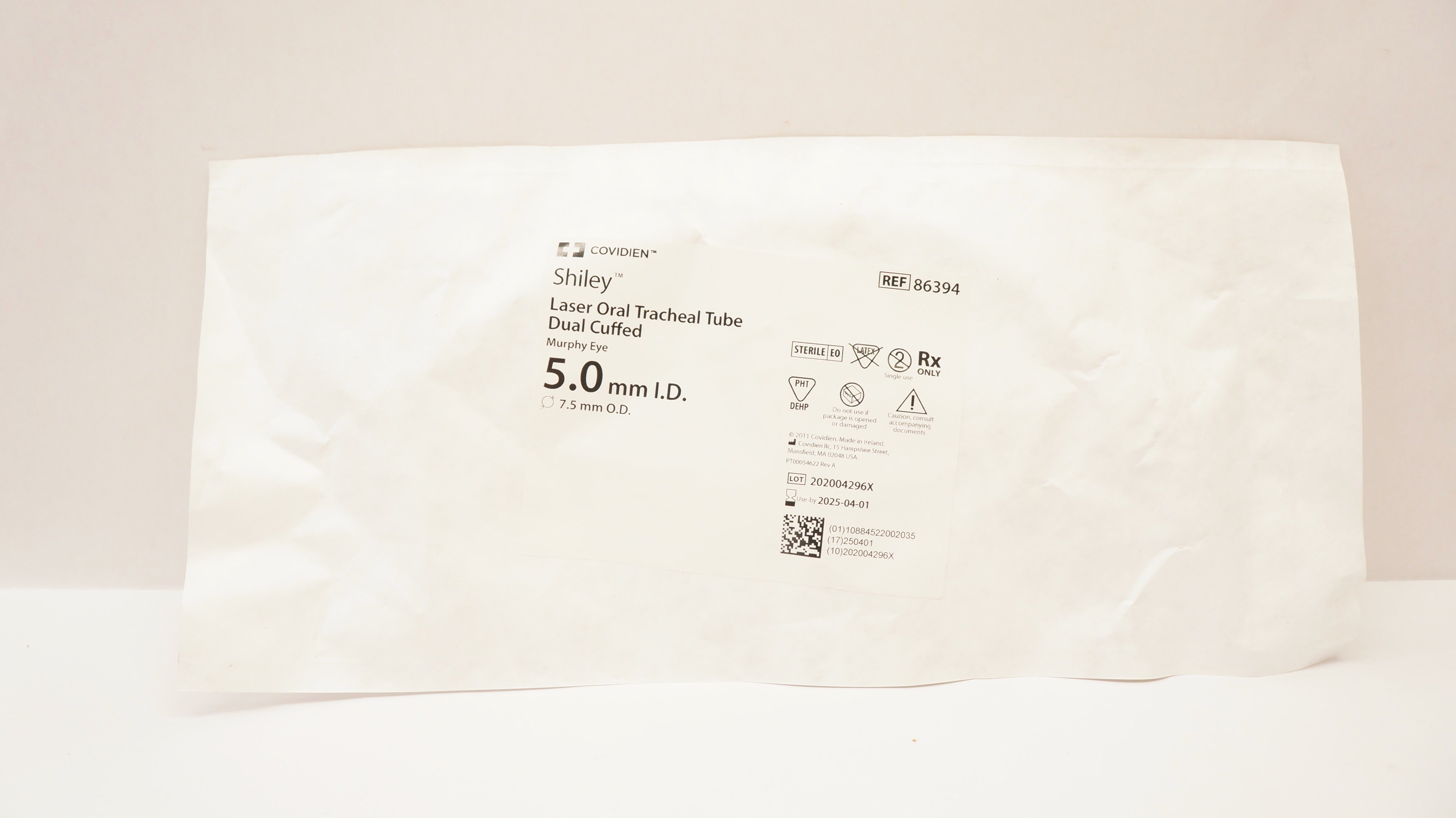 Covidien 86394 Shiley Laser Oral Tracheal Tube Dual Cuffed 5.0mm ID x 7.5mm OD