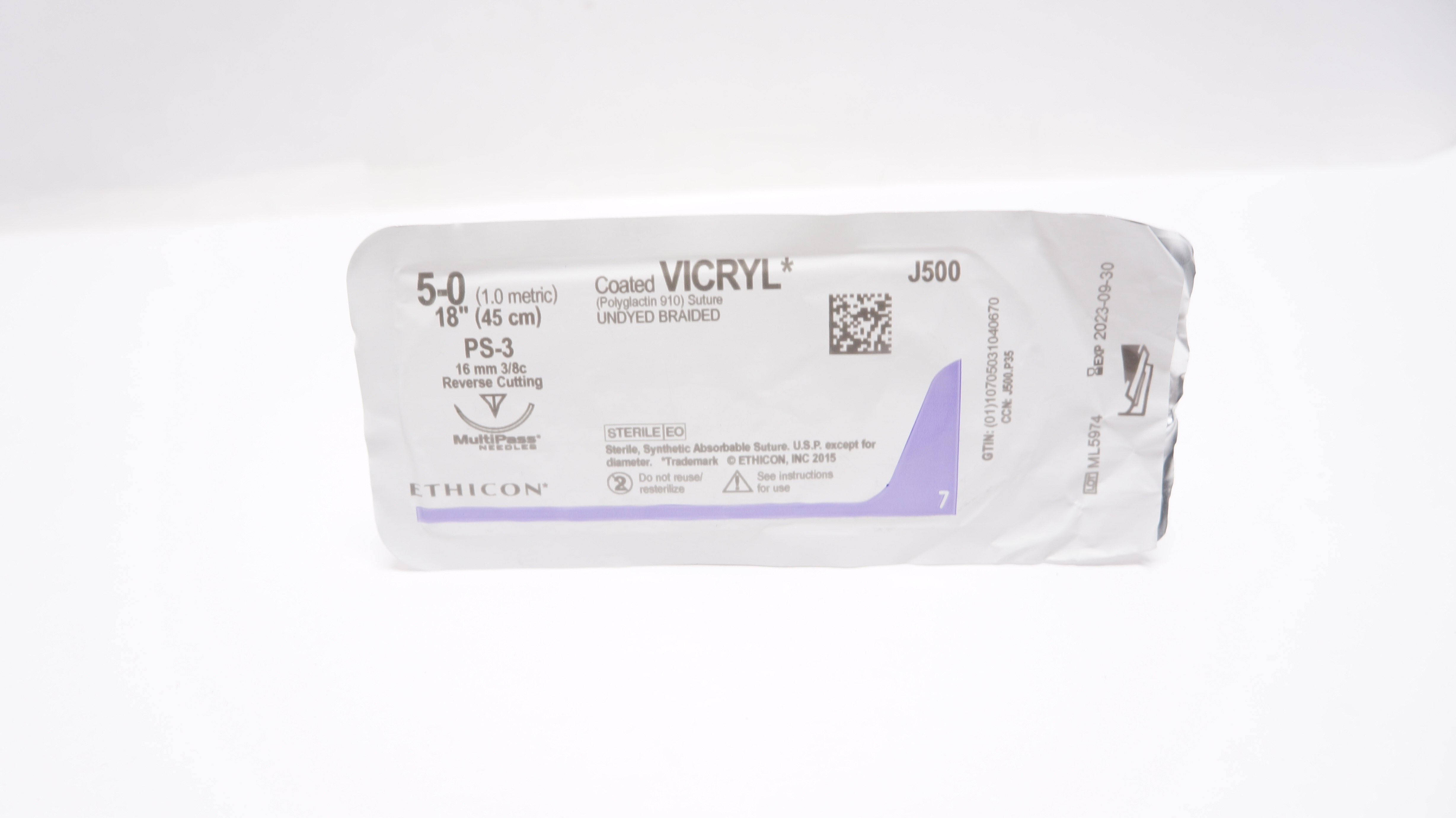 Ethicon J500 5-0 Coated VICRYL Stre PS-3 16mm 3/8c Reverse Cutting, 18inch (x)
