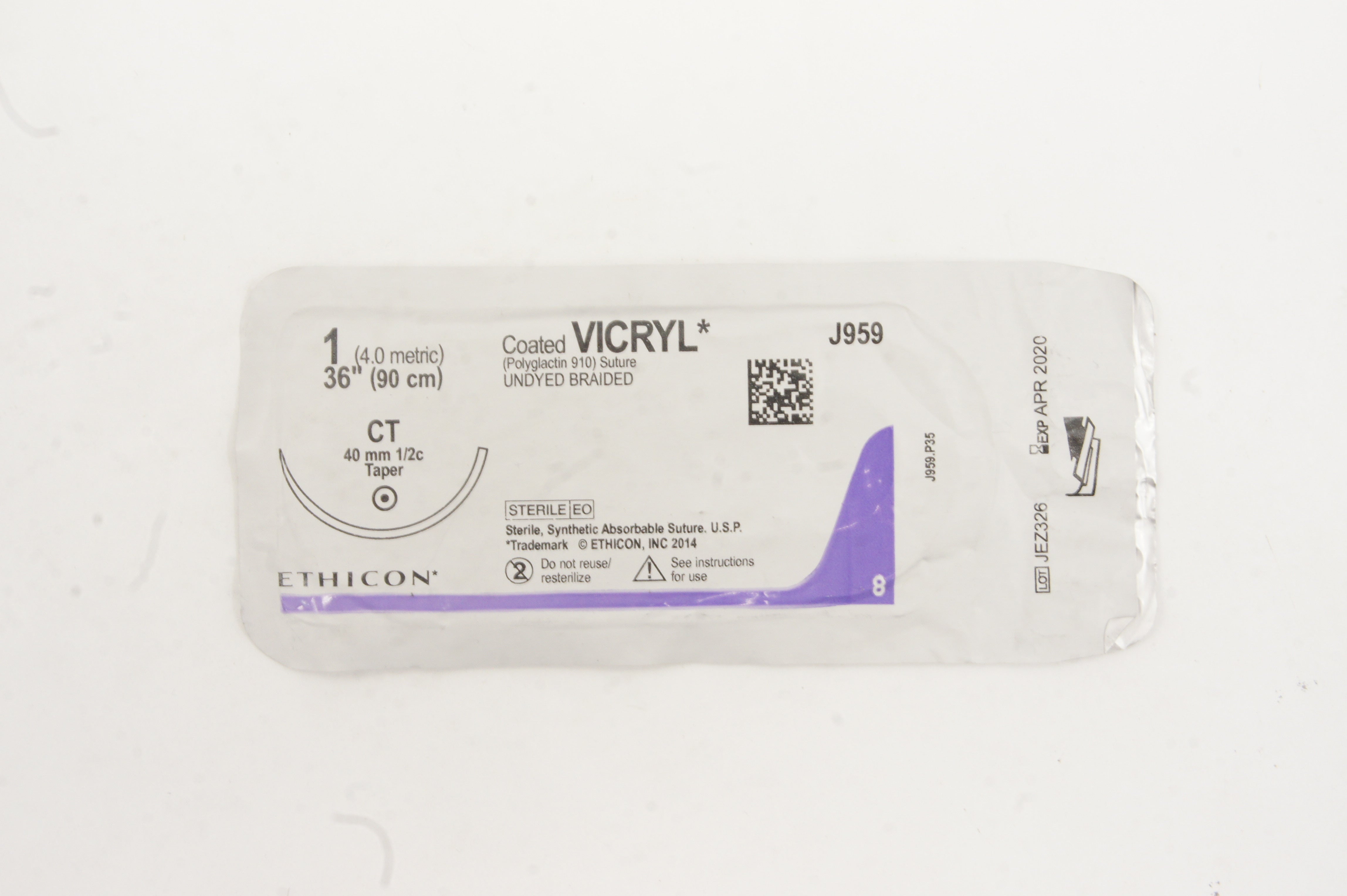 Ethicon J959 1 Coated VICRYL, CT 40mm 1/2c Taper, 36inch (x)