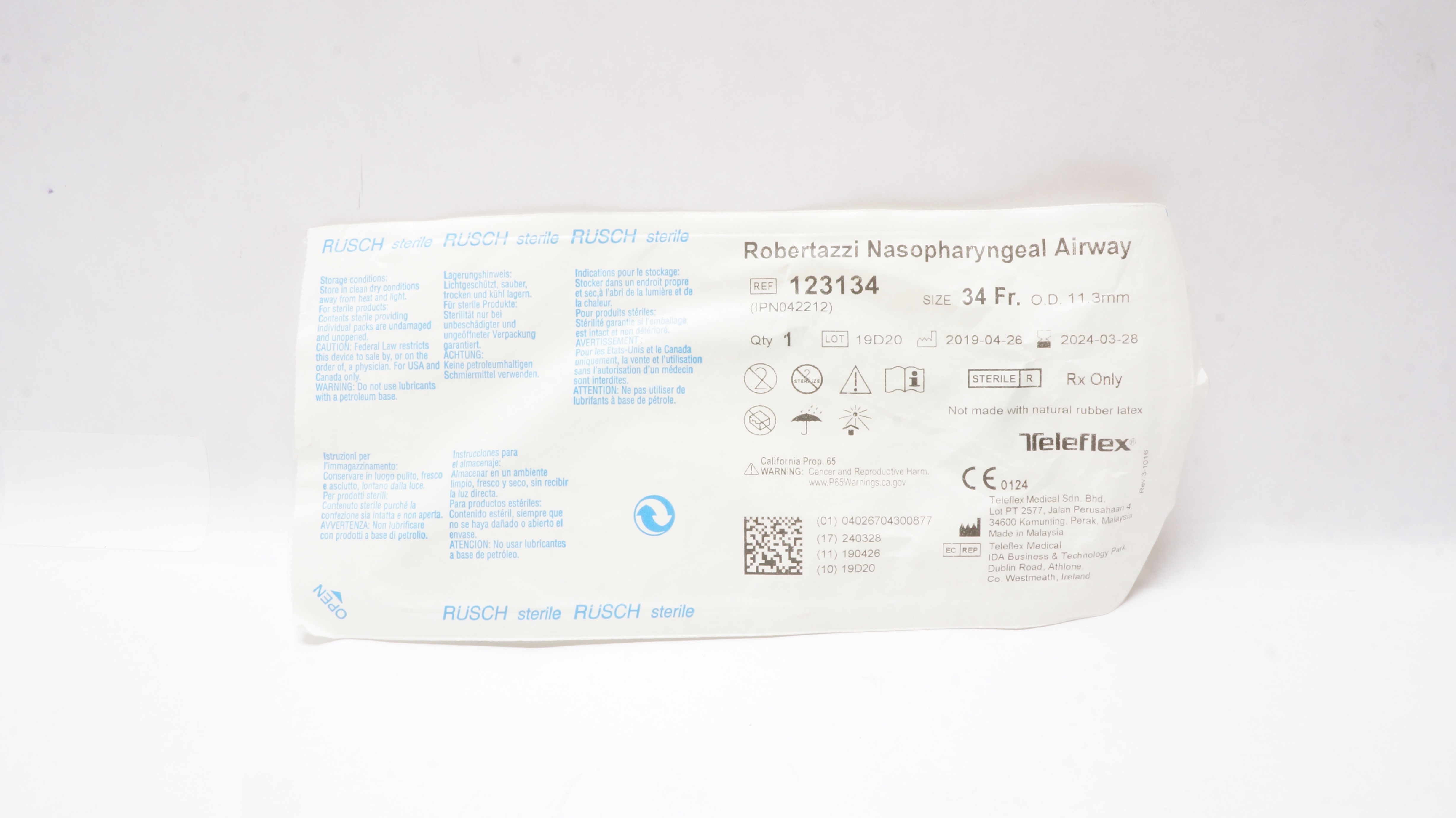 Teleflex 123134 Robertazzi Nasopharyngeal Airway 34Fr x 11.3mm OD