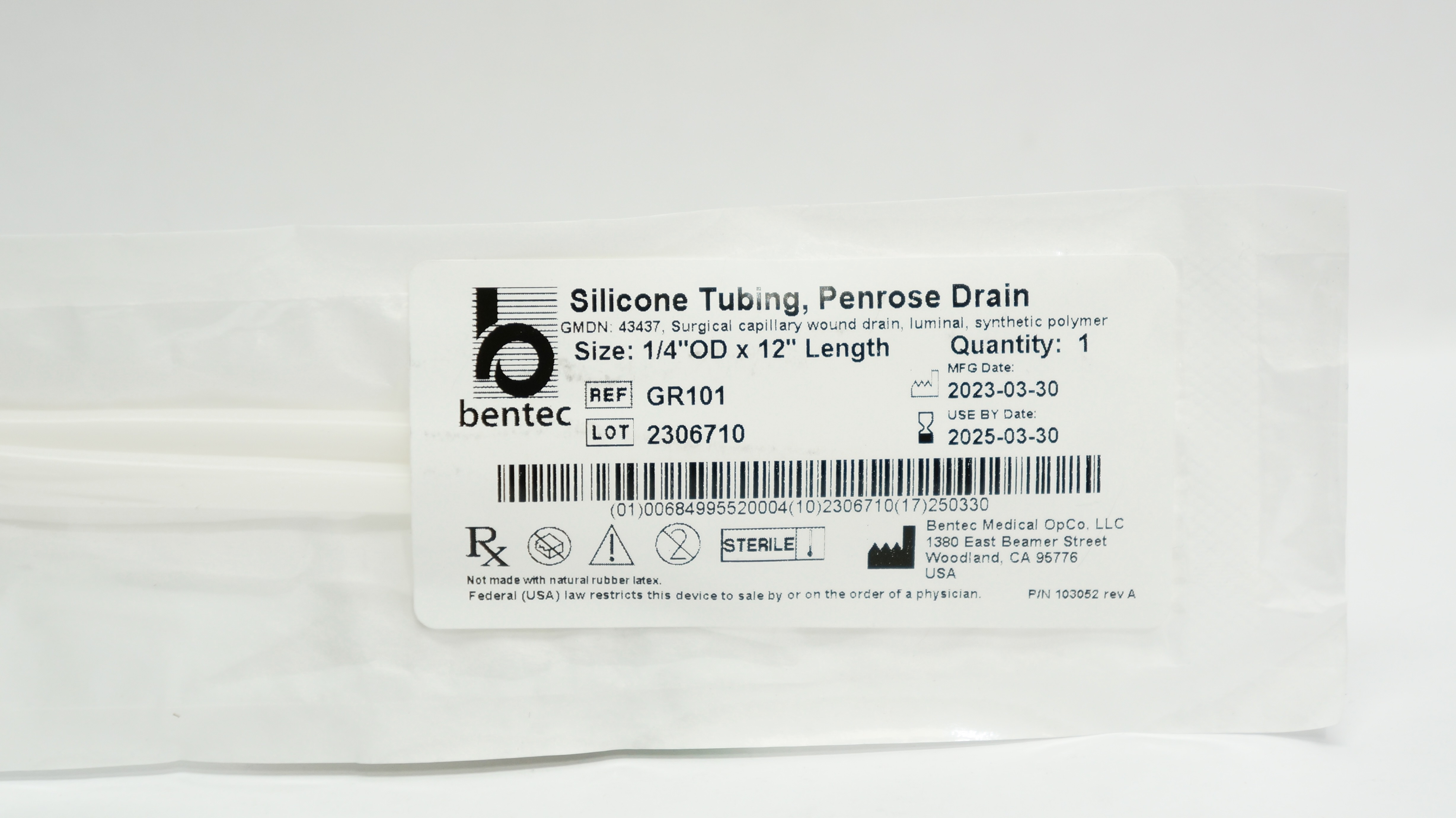 Bentec Medical GR101 Silicone Tubing, Prenrose Drain 1.4In OD x 12inch Length