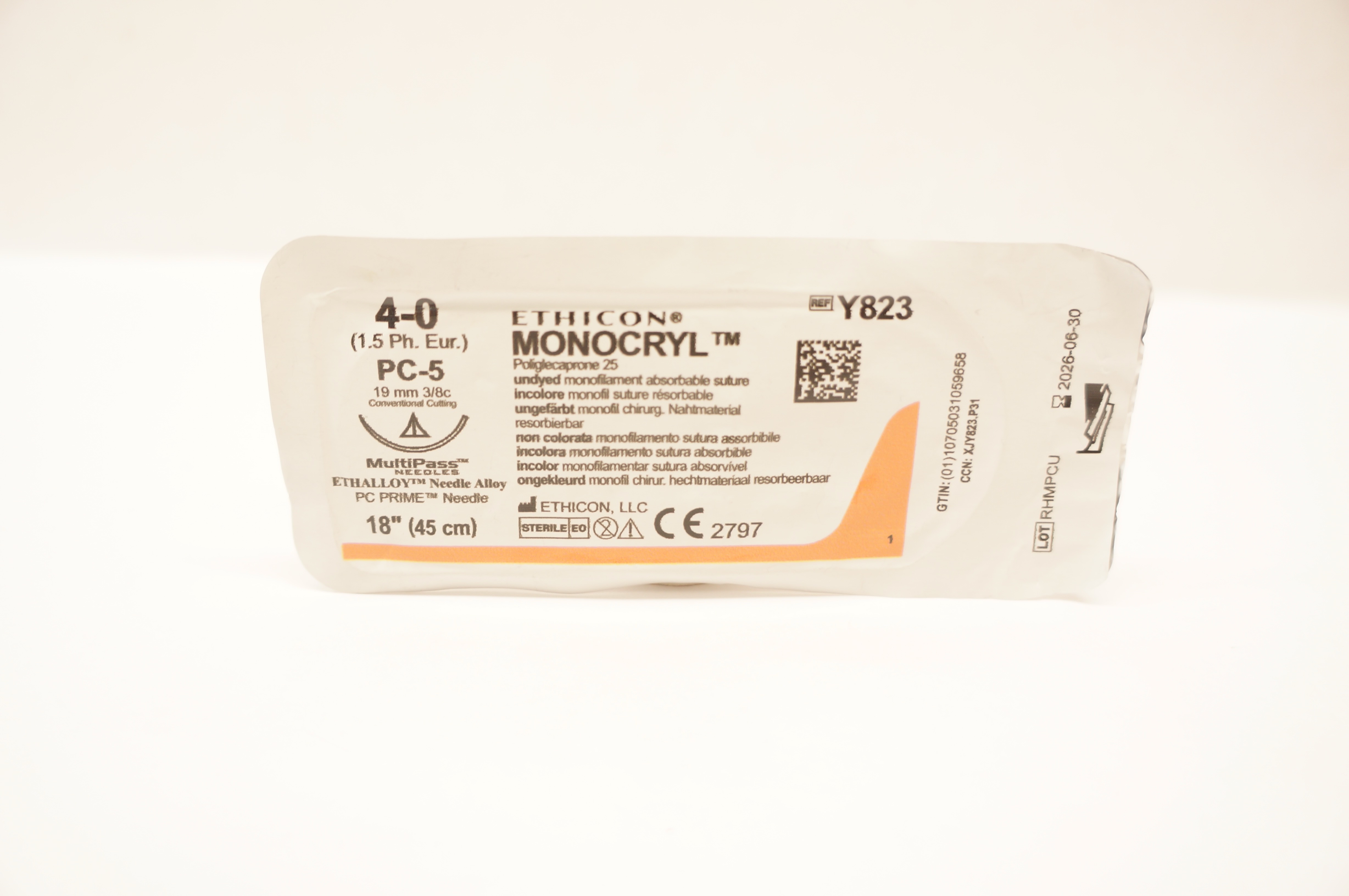 Ethicon Y823 4-0 Monocryl Poliglecaprone 25 Stre, PC-5 19mm 3/8c, 18inch