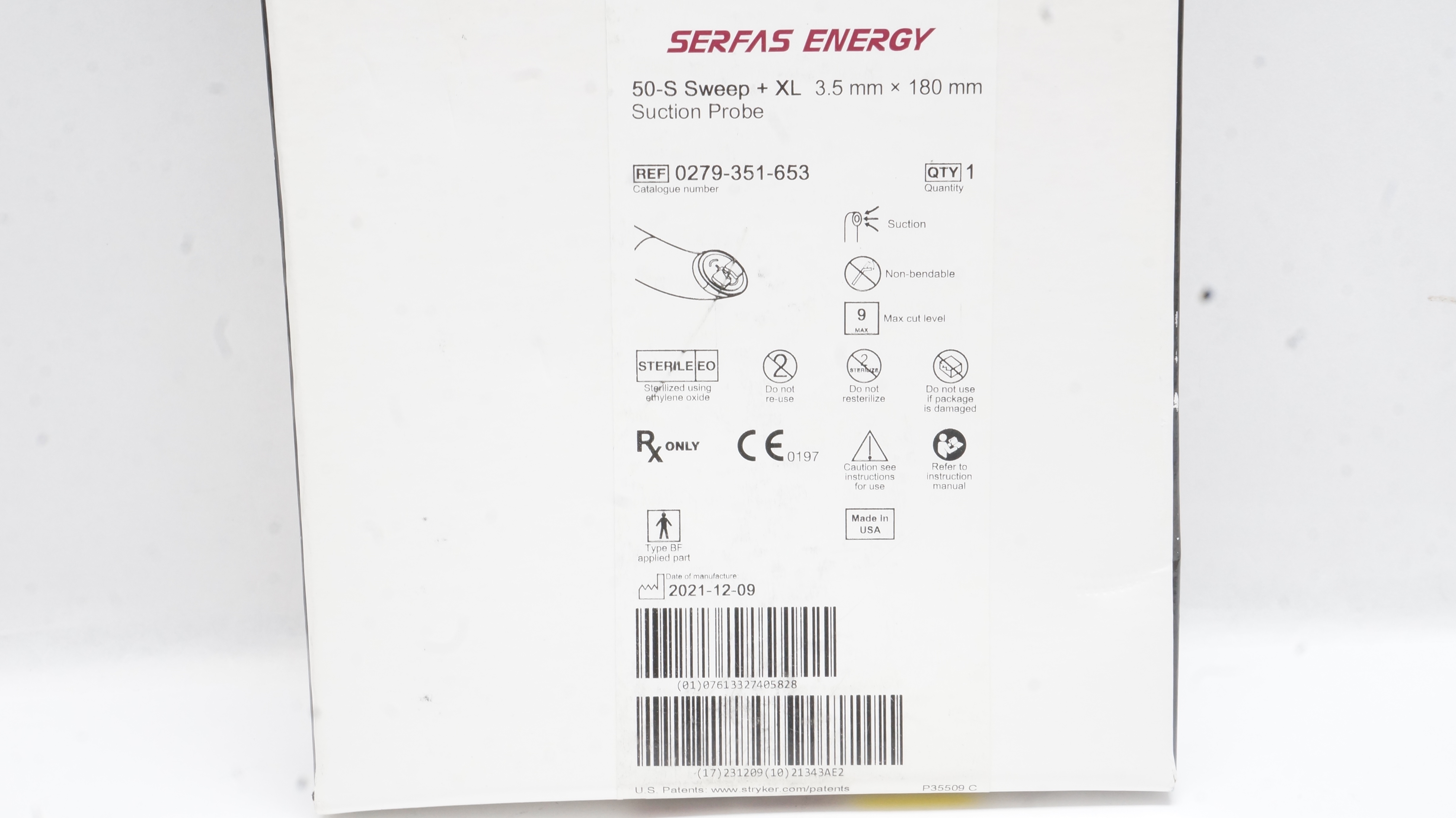 Stryker 0279-351-653 Serfas Energy 50-S Sweep +XL Suction Probe 3.5 x 180mm (x)