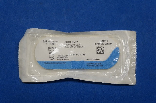 Ethicon D9611 8-0 PROLENE, TG175-8 7mm 1/2c Spatula, Blue Monofilament, 6