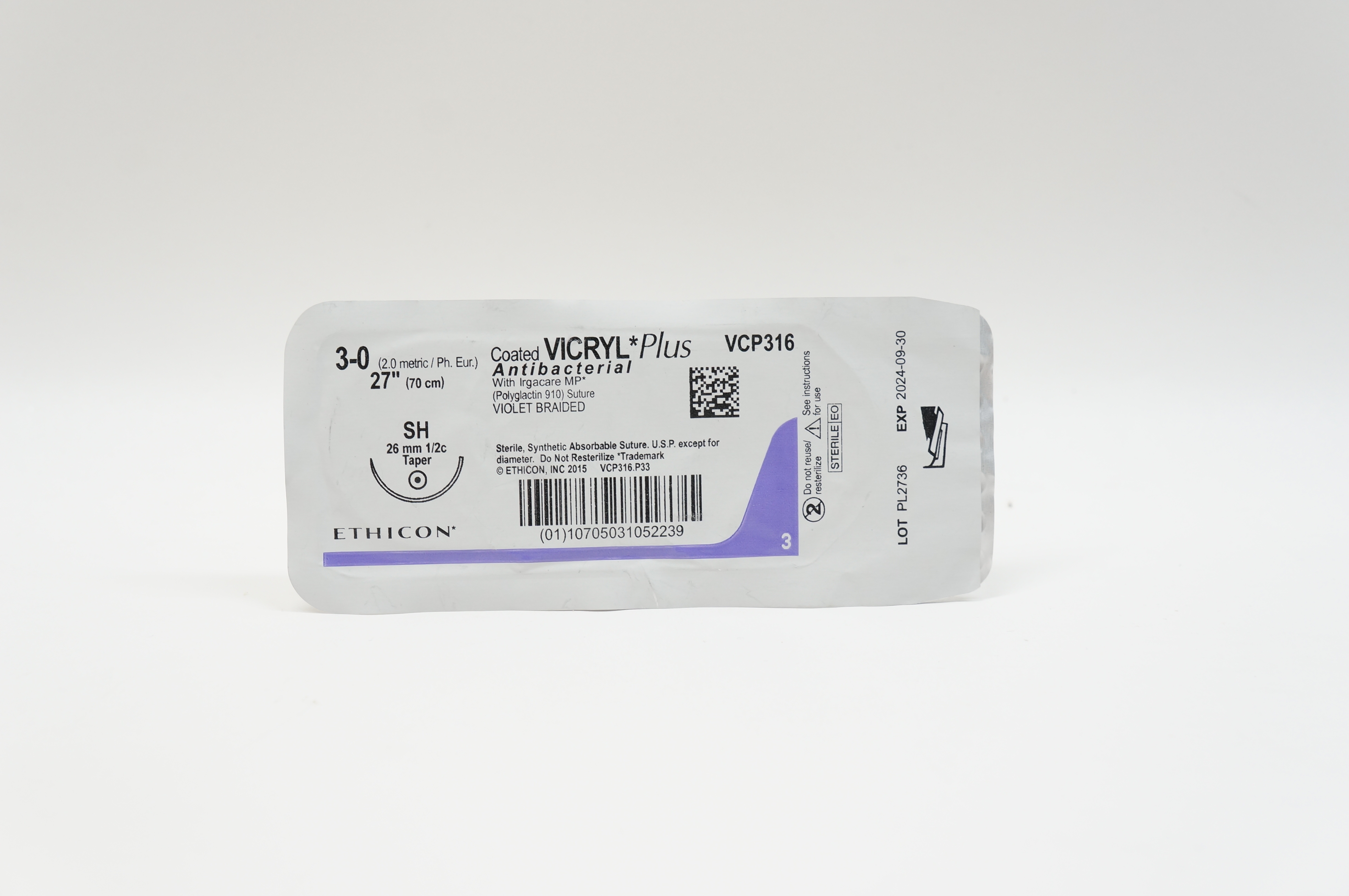 Ethicon VCP316 3-0 VICRYL Plus, SH, 26mm 1/2c Taper, 27inch