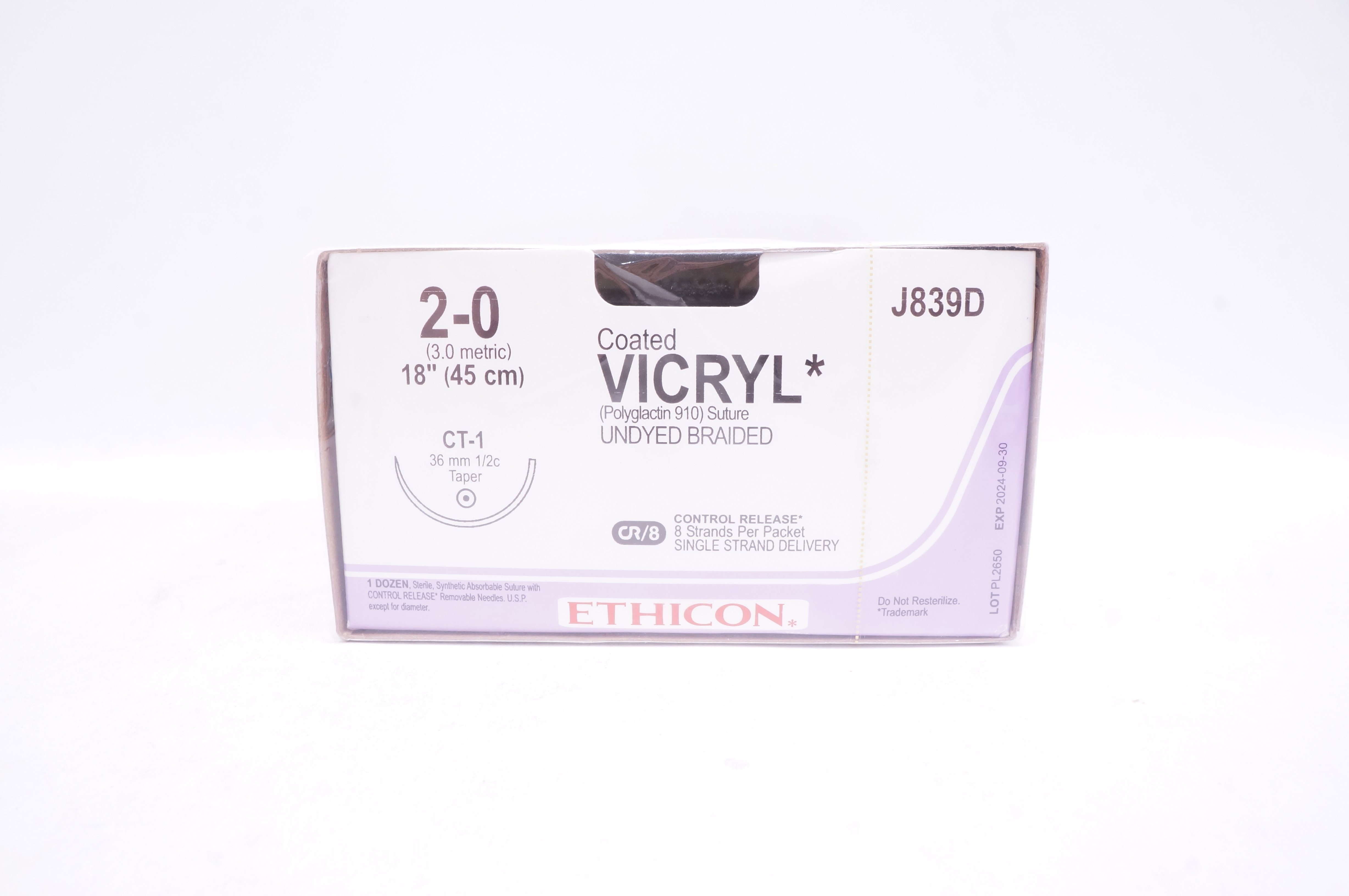Ethicon J839D 2-0 VICRYL CT-1 36mm 1/2c Taper 18 inch - Box of 12