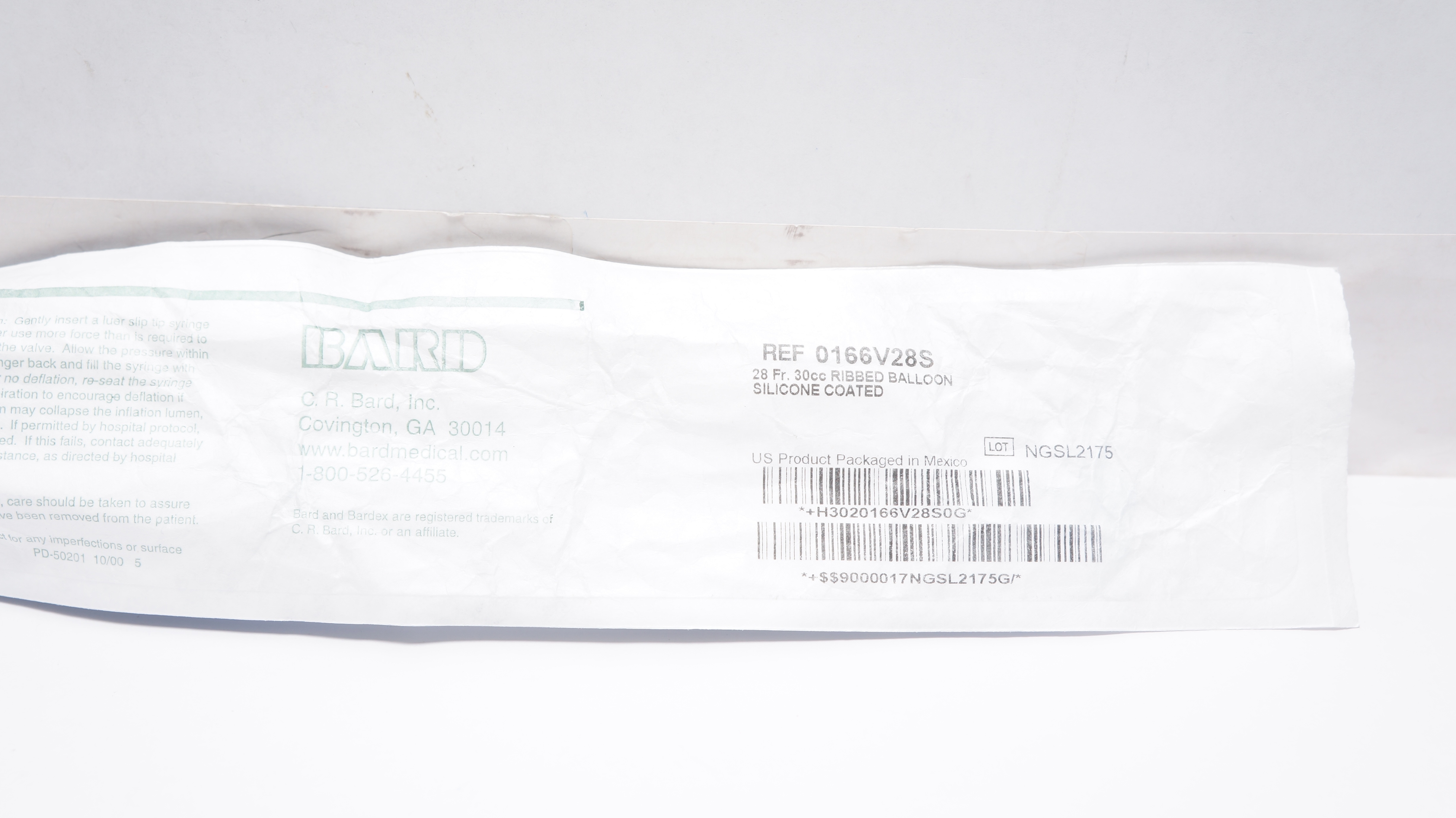Bard 0166V28S Bardex Foley Cath. 28Fr 30cc/mL Ribbed Balloon Silicone Coated