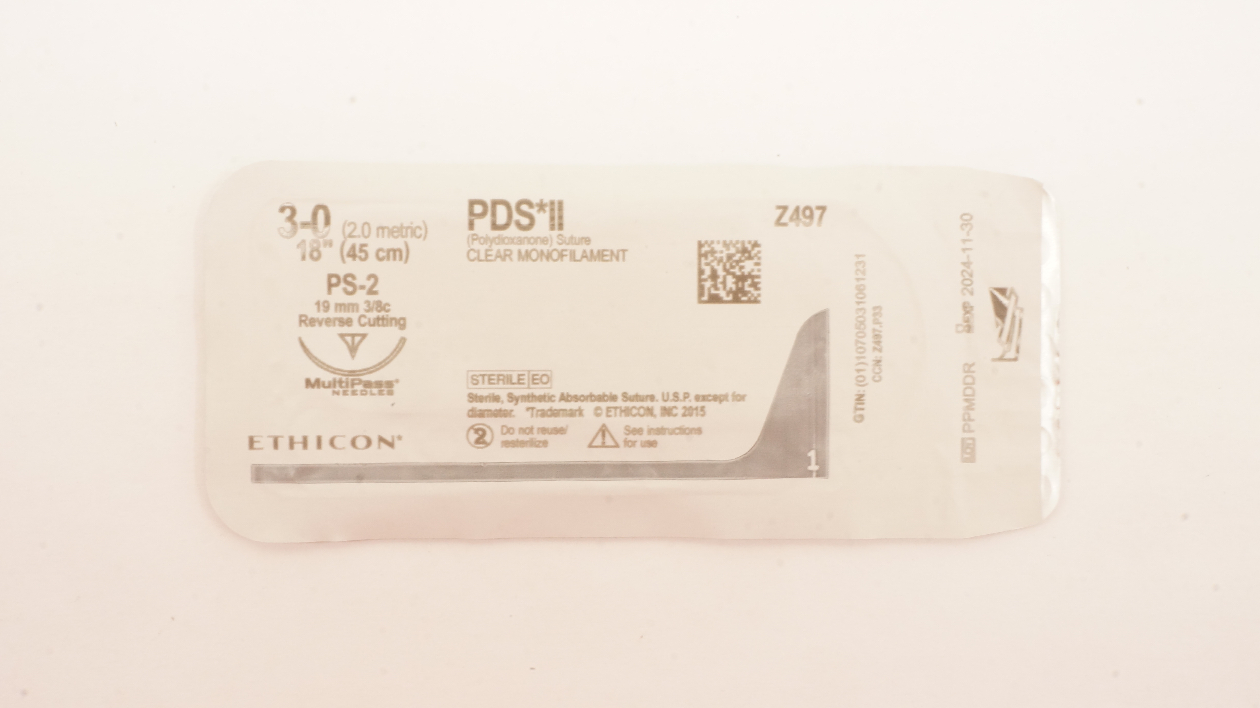 Ethicon Z497 3-0 PDS II, PS-2, 19mm 3/8c Reverse Cutting, 18inch