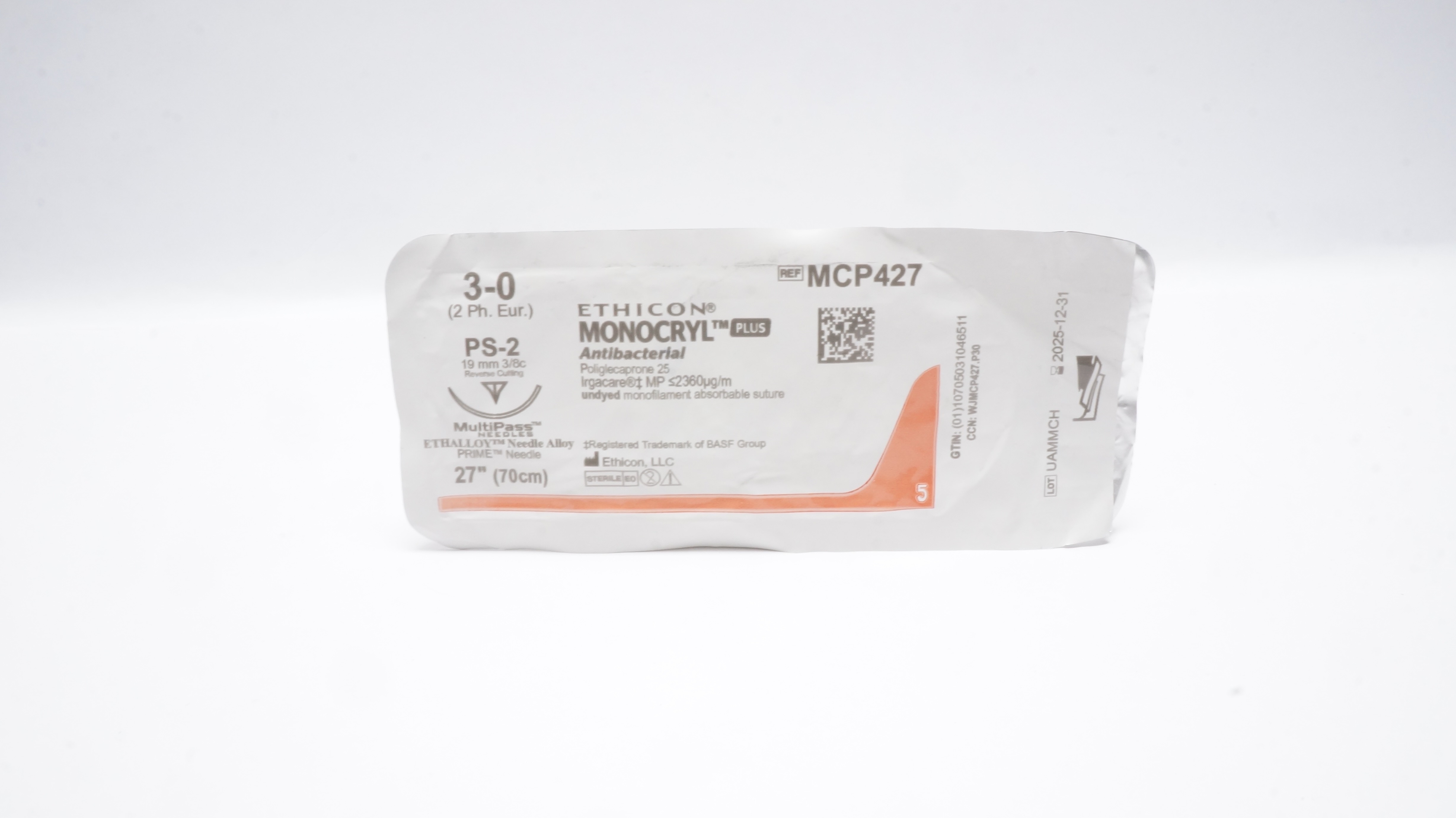 Ethicon MCP427 3-0 Monocryl Plus Stre PS-2 19mm 3/8c Reverse Cutting, 27inch