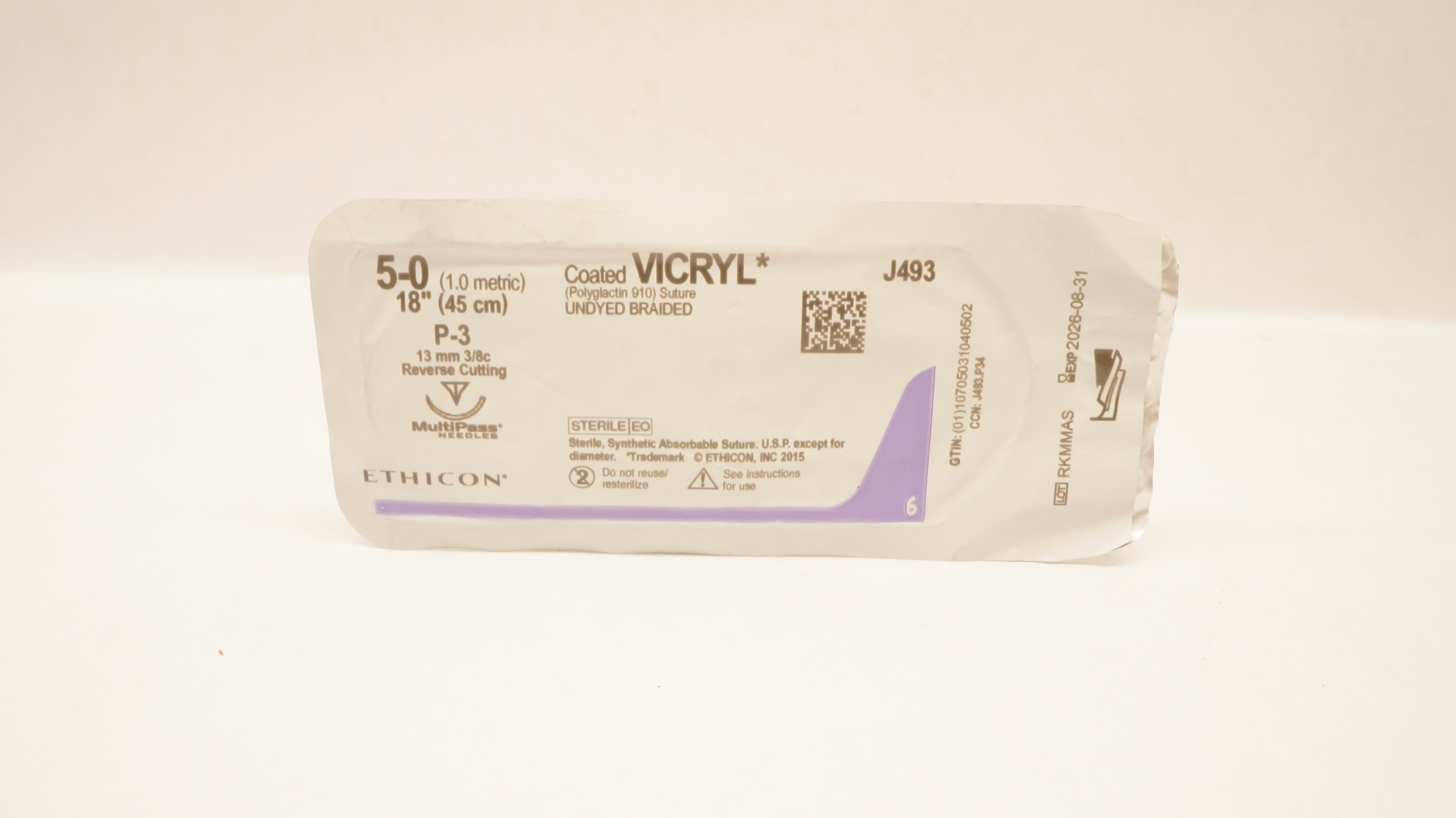 Ethicon J493 5-0 Coated VICRYL, P-3, 13mm 3/8c Reverse Cutting, 18inch