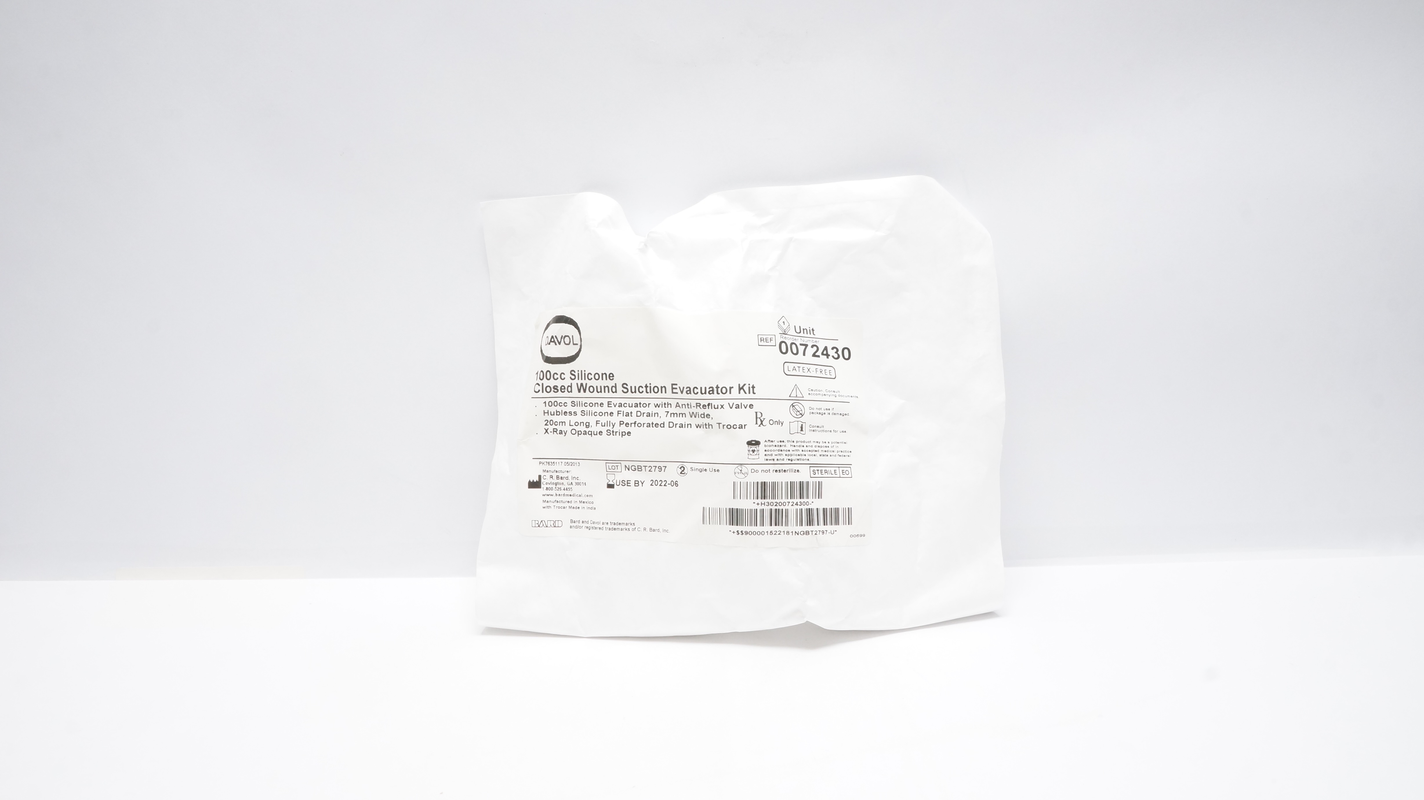 Bard 0072430 DAVOL 100cc Silicone, Closed Wound Suction Evacuator Kit (x)
