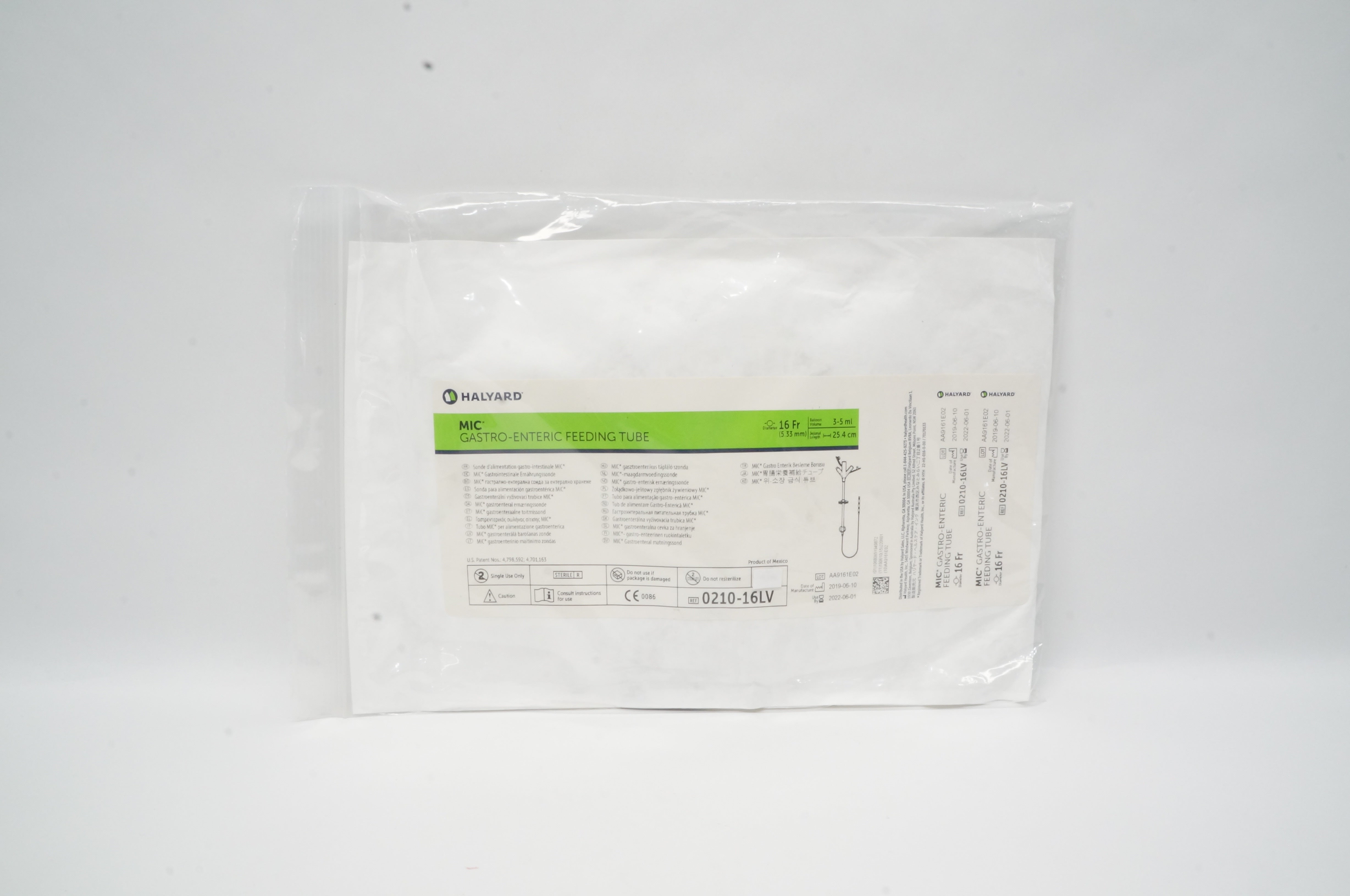 Halyard 0210-16LV MIC Gastro-Enteric Feeding Tube 16 Fr x 3-5 ml x 25.4 cm