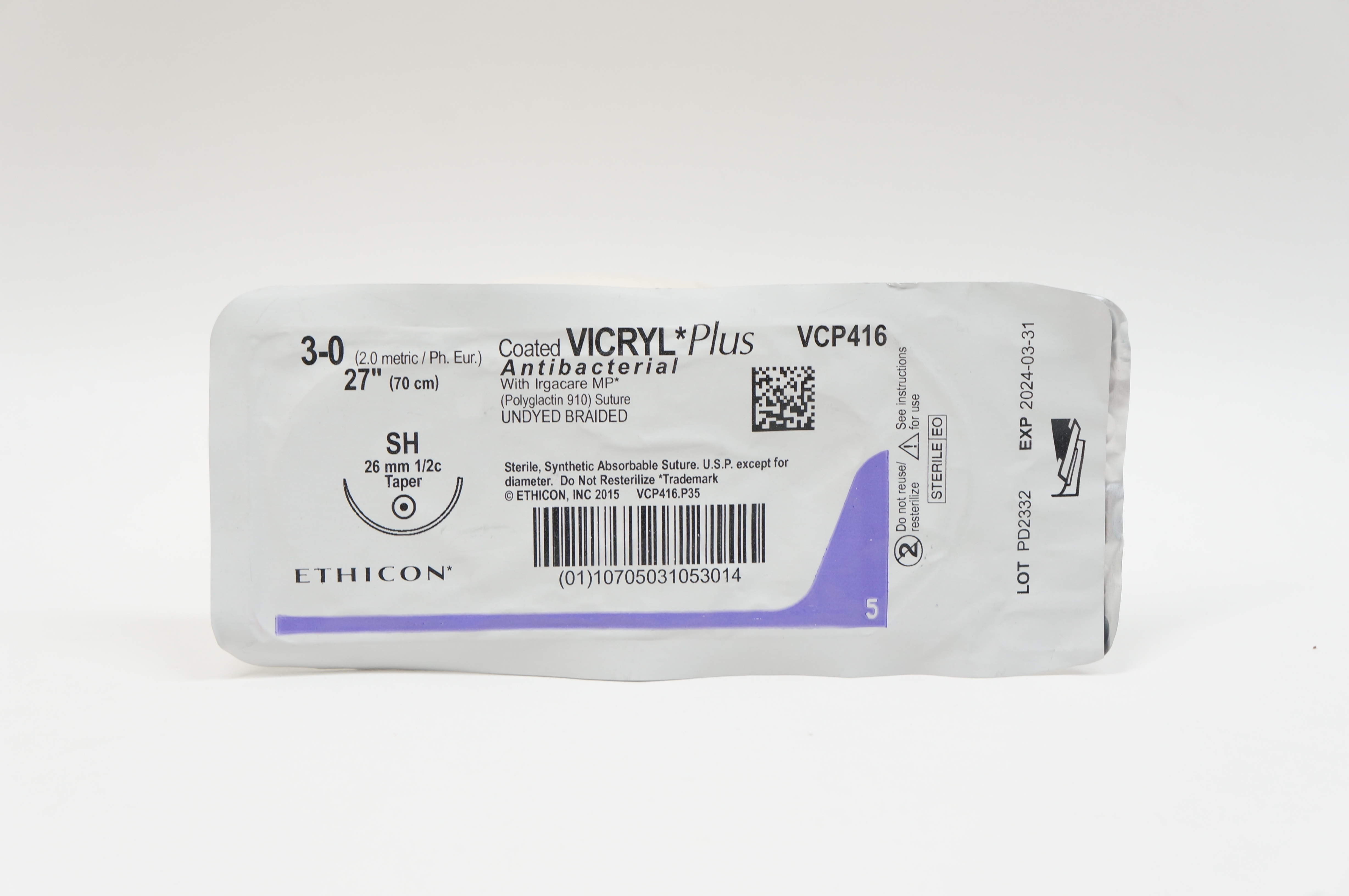 Ethicon VCP416 3-0 VICRYL Plus, SH, 26mm 1/2c Taper, 27inch