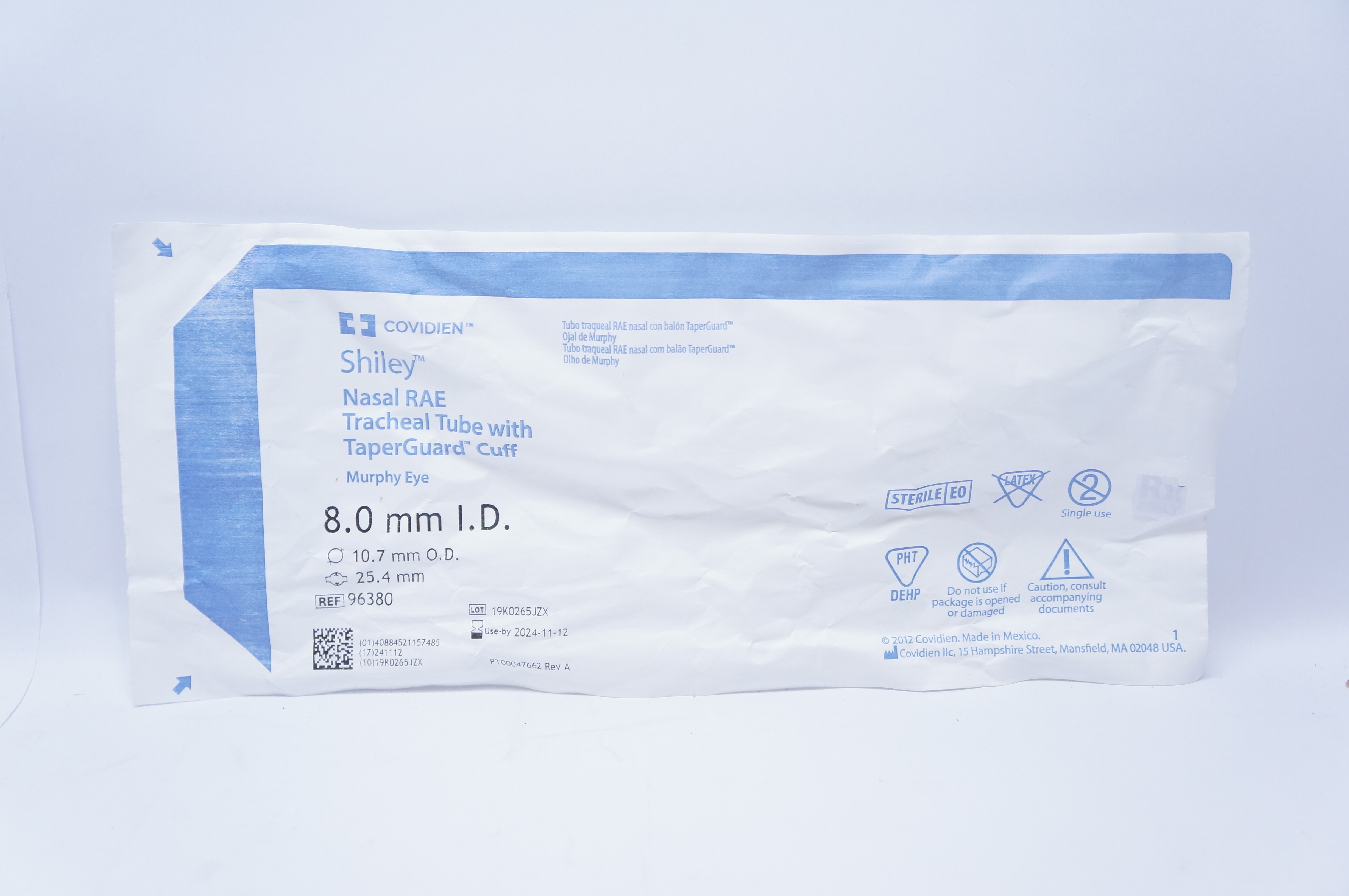 Covidien 96380 Shiley Nasal RAE Tracheal Tube 8.0  x 10.7 x 25.4mm