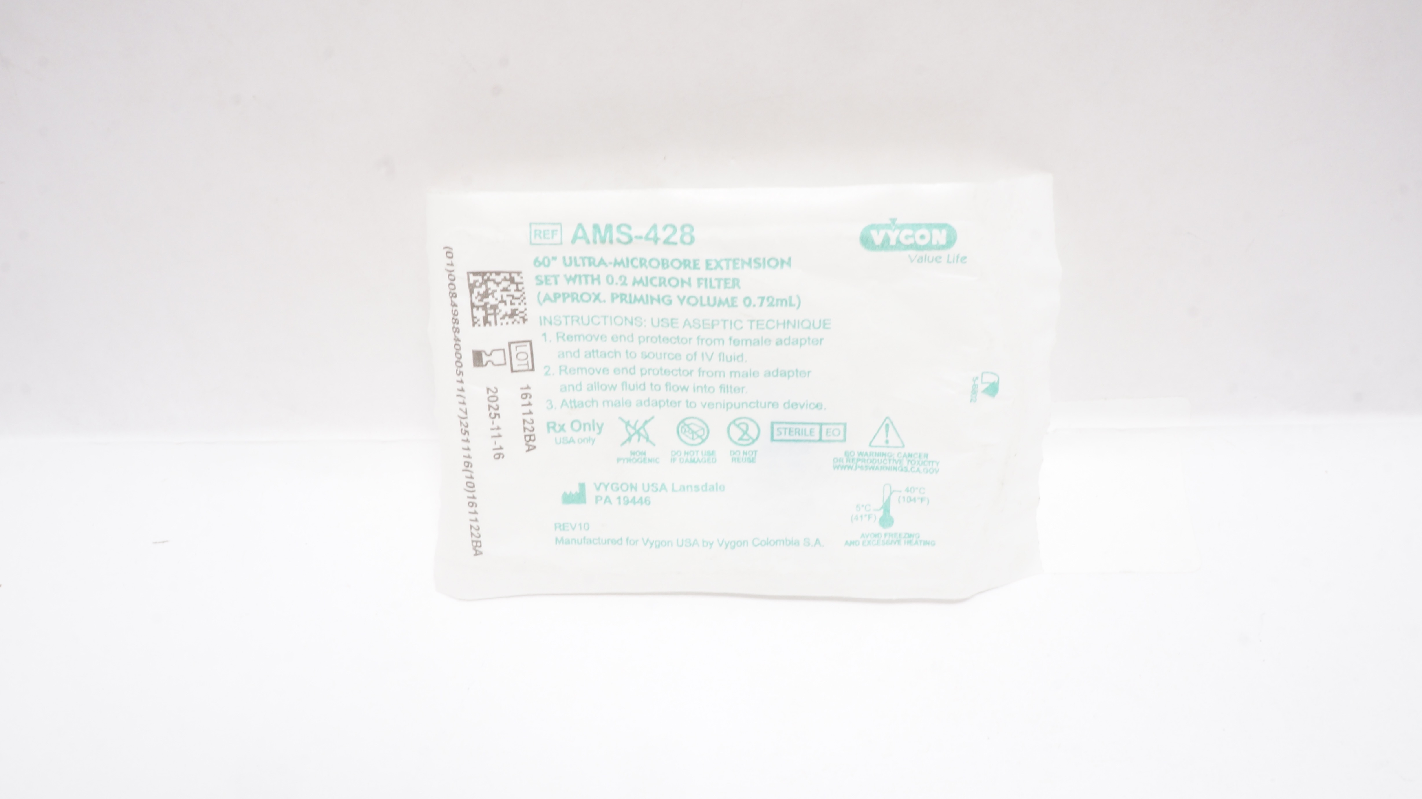 Vygon AMS-428 Ultra-Microbore Extension Set w/0.2 Micron Filter, 60inch x 0.72mL
