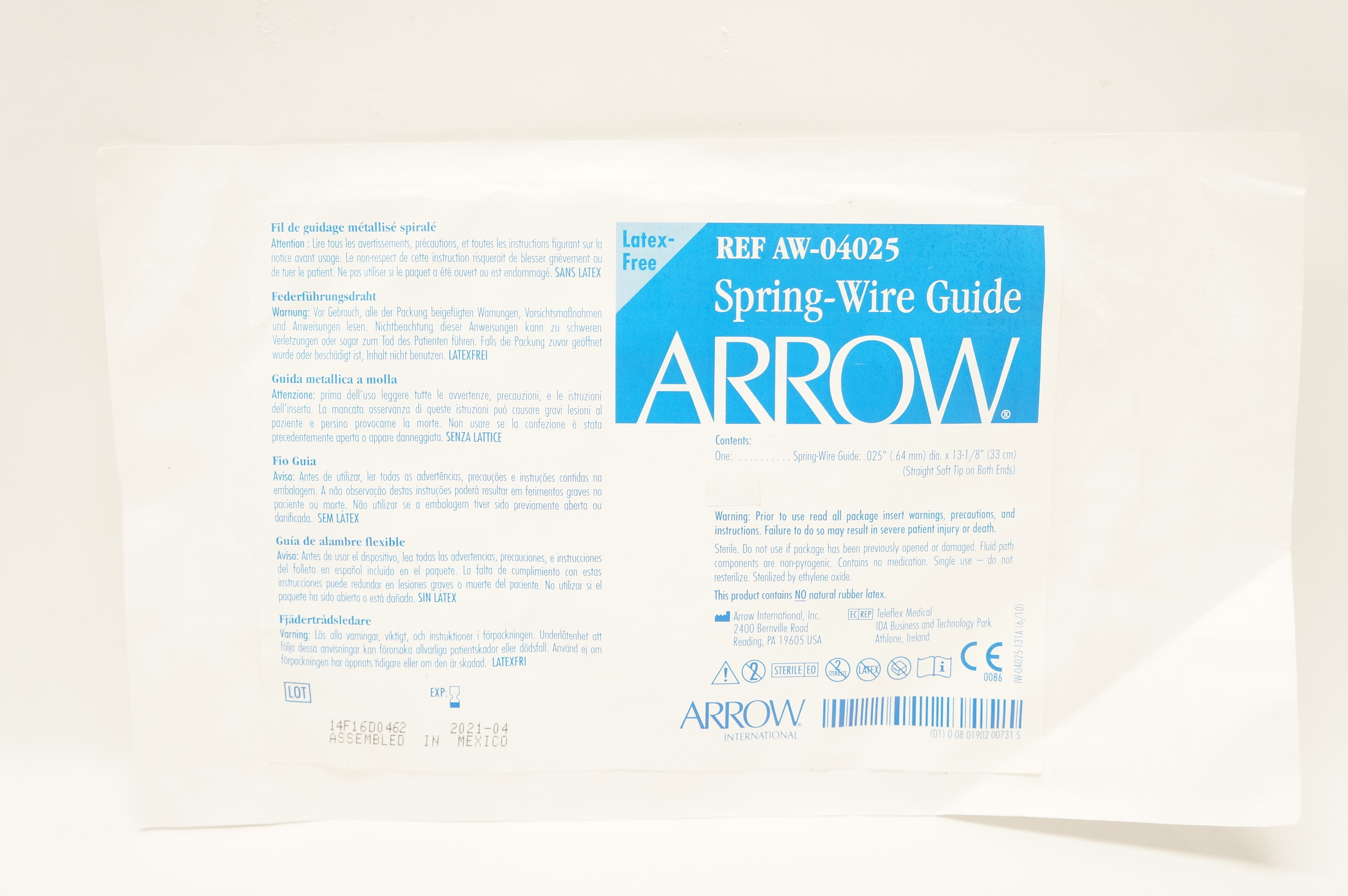 Arrow AW-04025 Spring-Wire Guide Straight Soft Tip 0.025inch x 13-1/8inch (x)