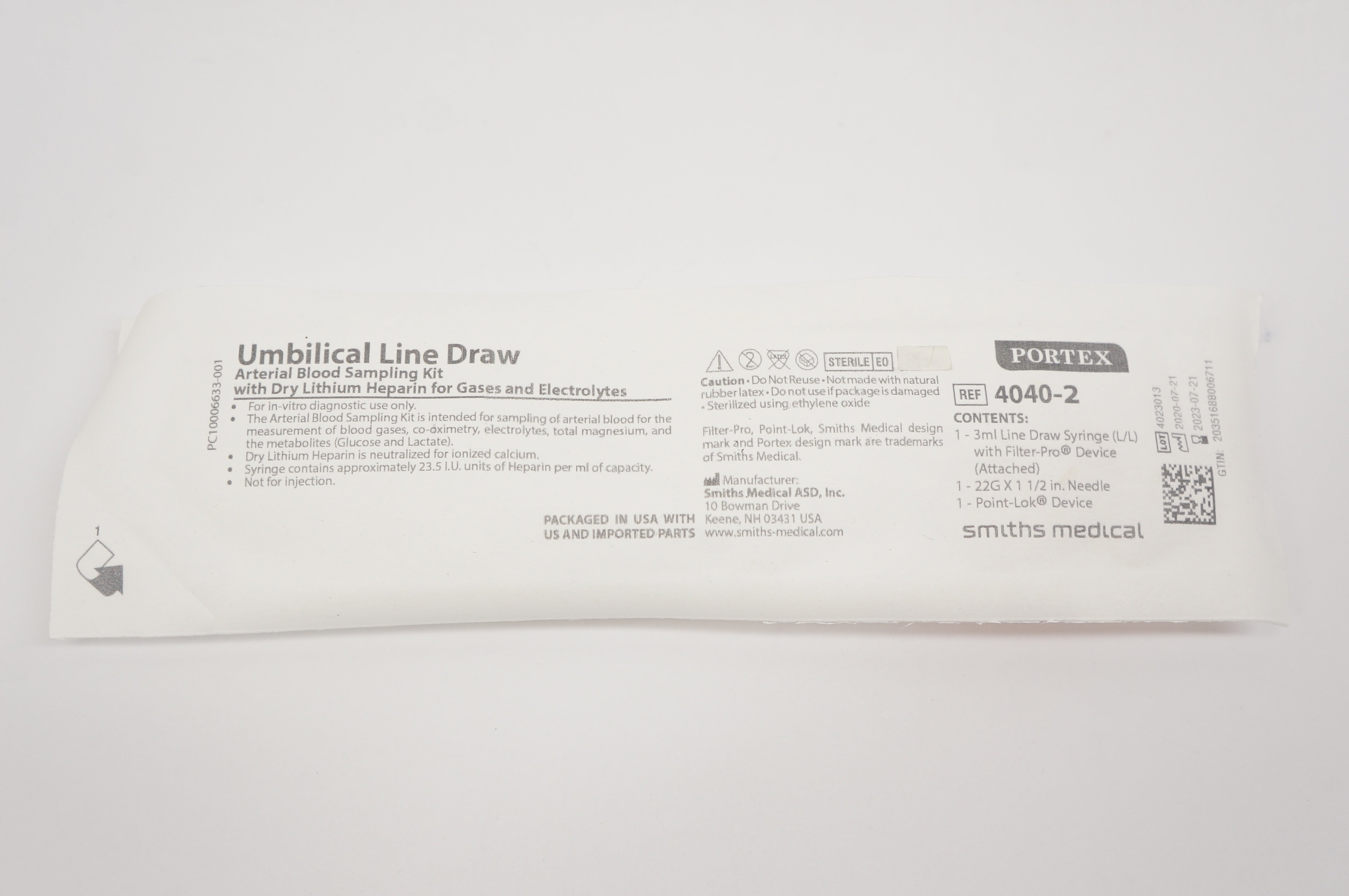 Smiths Medical 4040-2  Portex Umbilical Line Draw Arterial Blood Sampling Kit