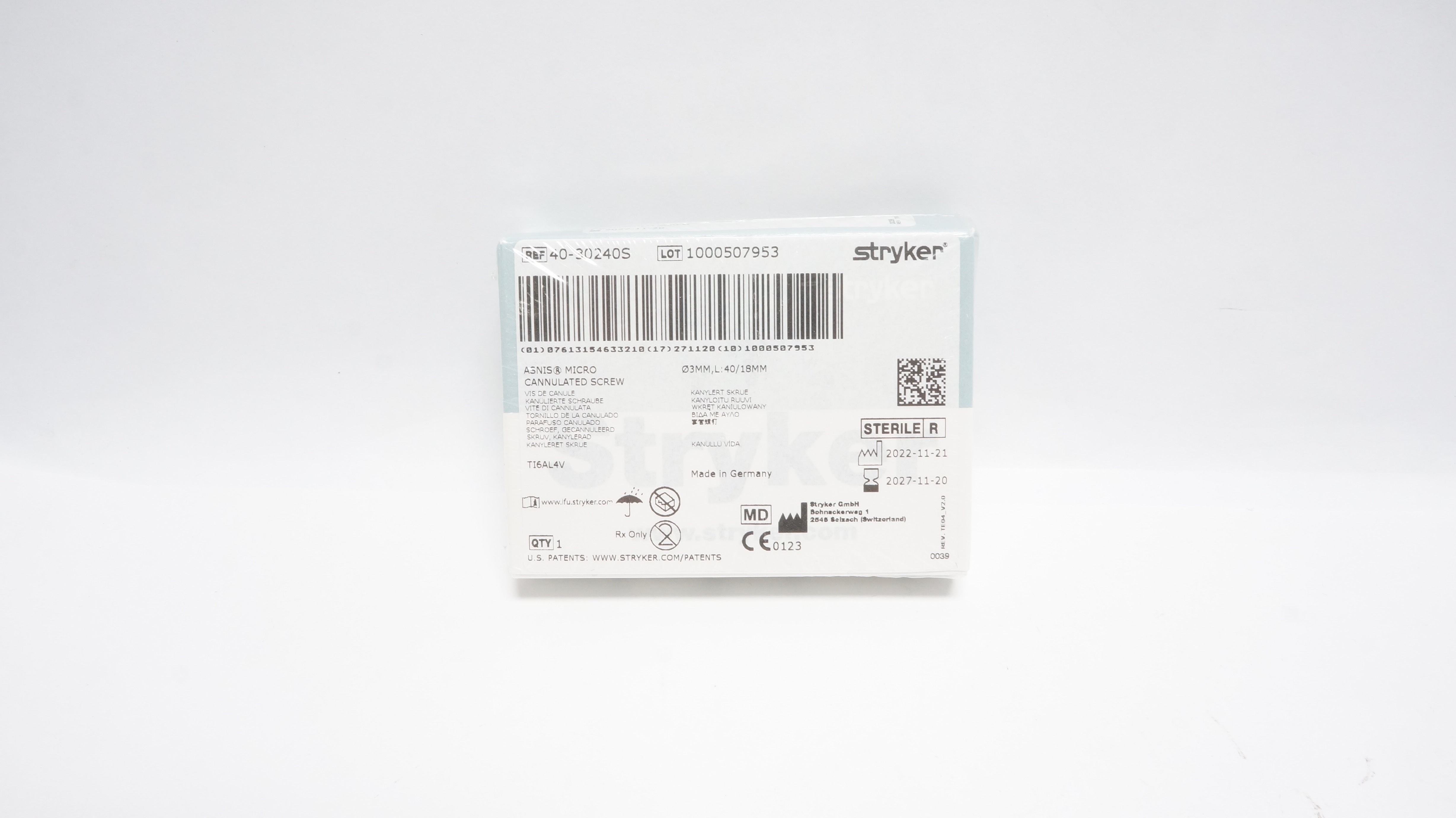 Stryker 40-30240S Asnis Micro Cannulated Screw 3mm,L:40/18mm