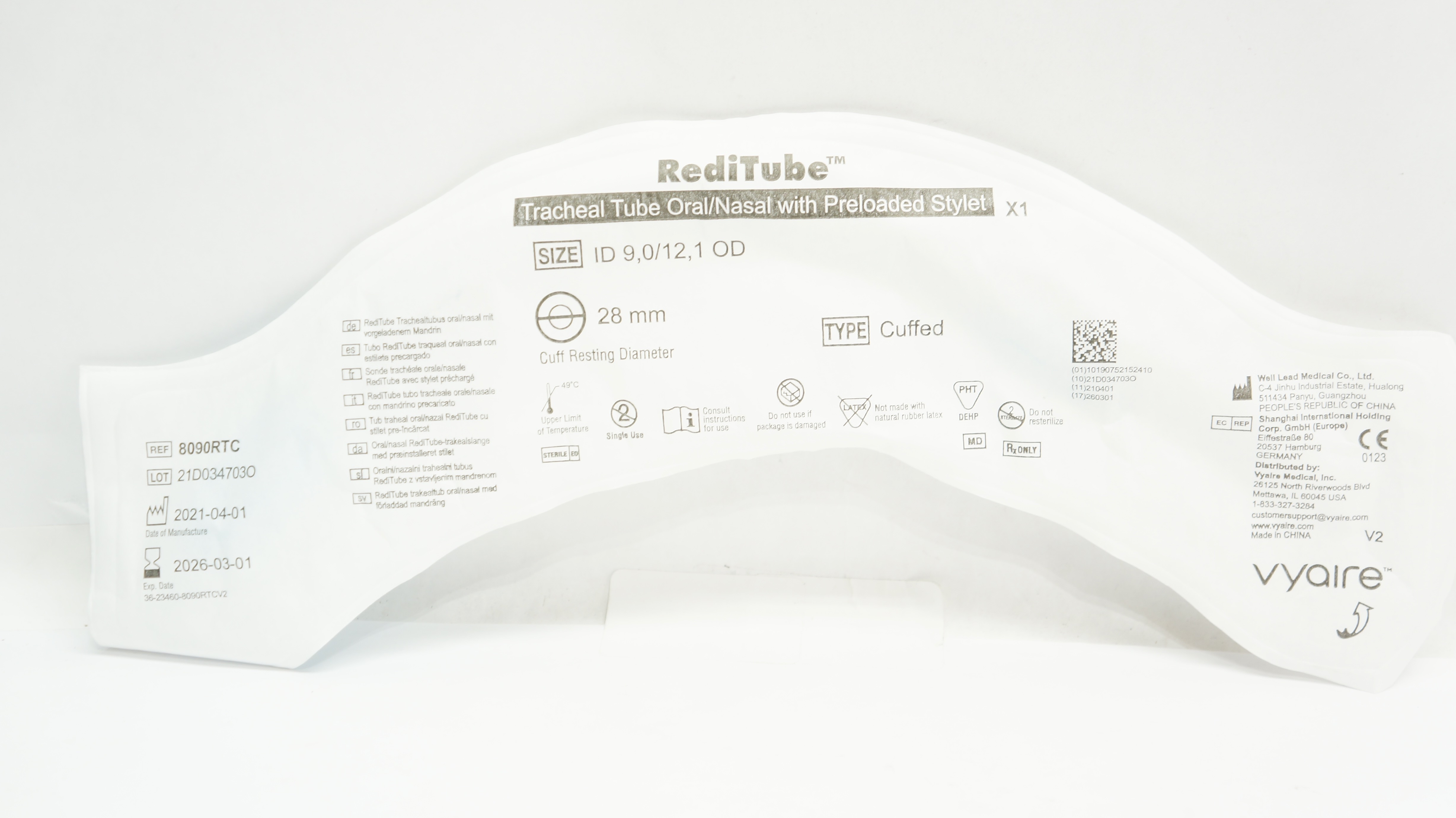 Vyaire 8090RTC ReduTube Tracheal Tube Oral/Nasal w/ Preloaded Stylet