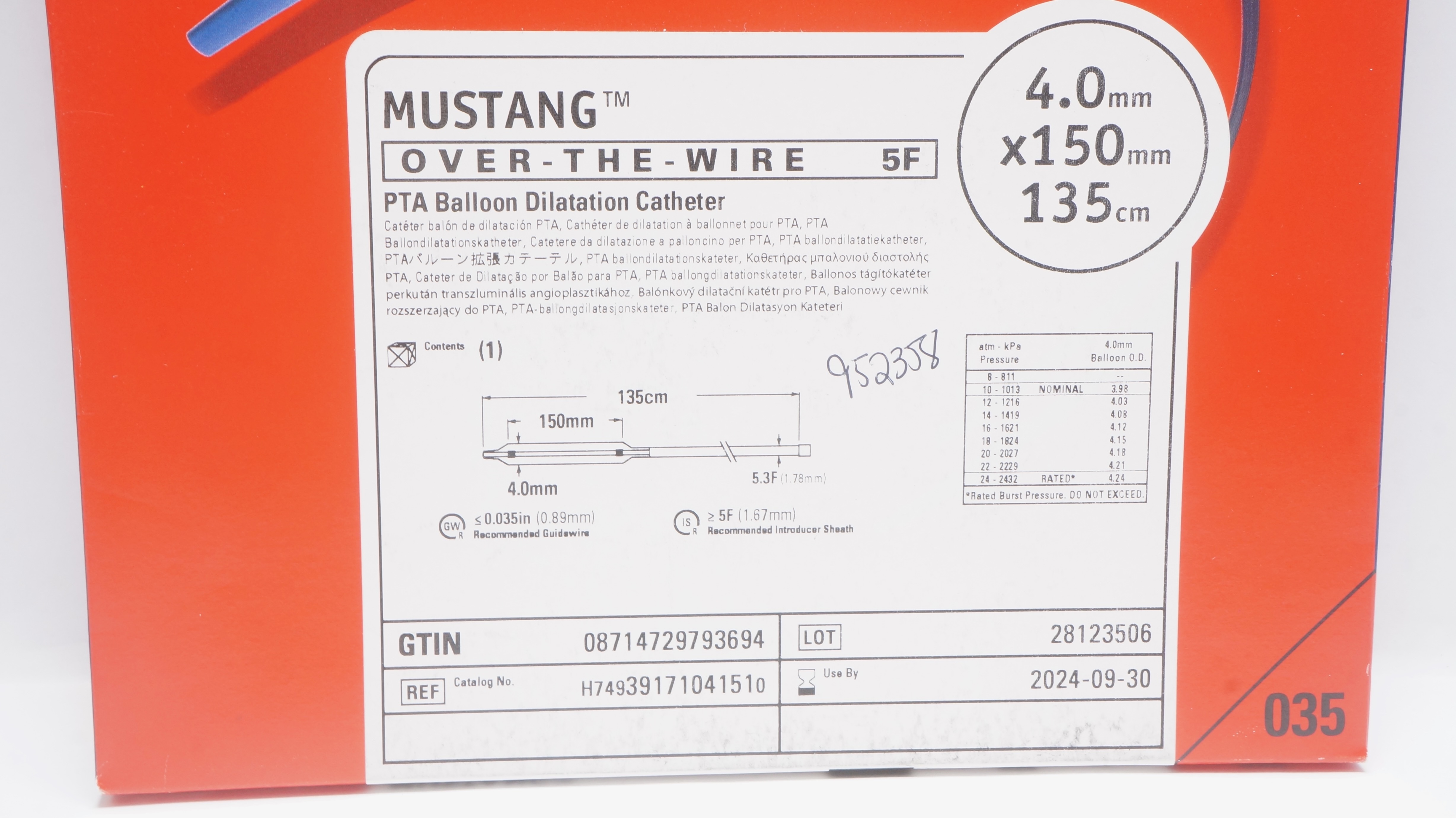 Boston Scientific H74939171041510 Mustang Dilatation Cath. 4.0x 150mm x 135cm(x)